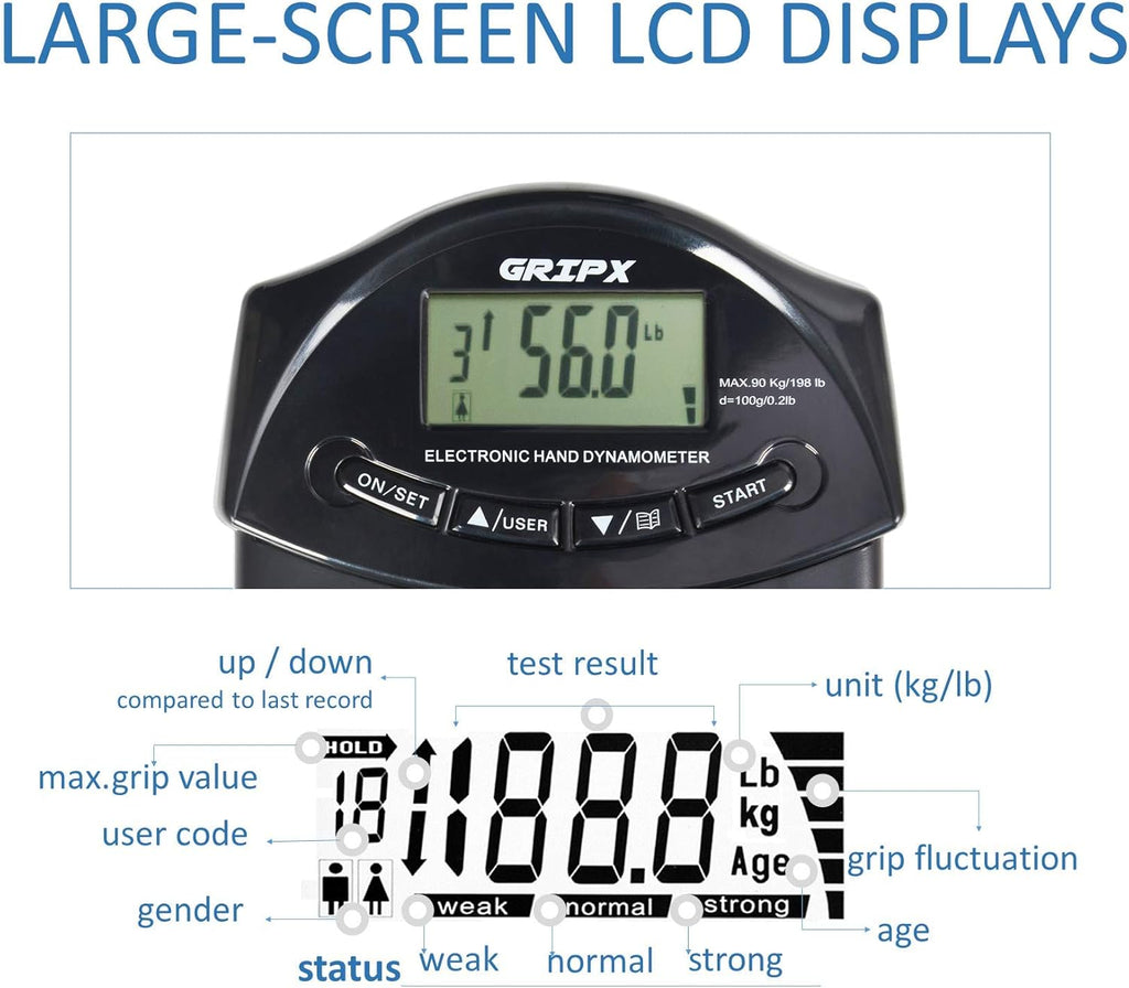 GRIPX Digital Hand Dynamometer Grip Strength Measurement Meter Auto Capturing Electronic Hand Grip Power 198Lbs / 90Kgs