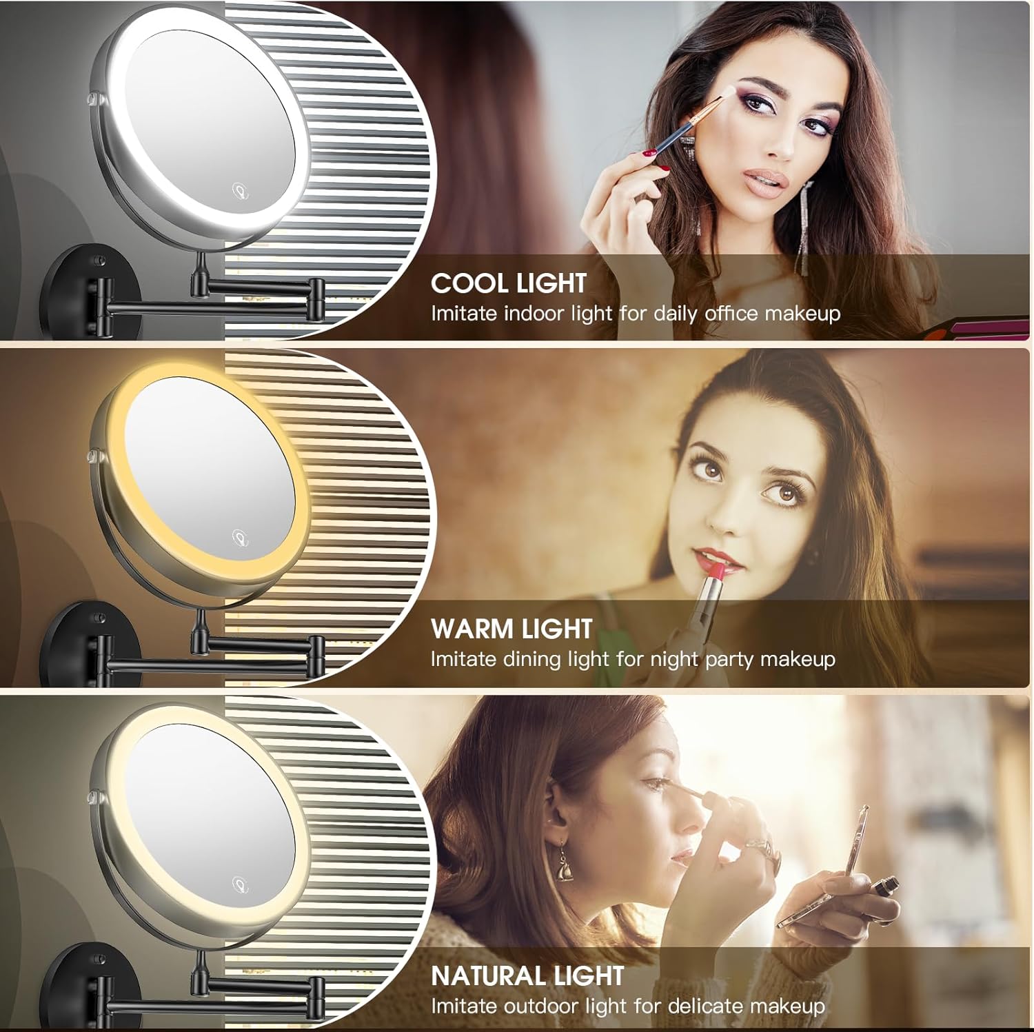 Wall Mounted Lighted Makeup Mirror, 8" Rechargeable Double-Sided Light up Magnifying Mirror 1x/10x,3 Color Led Vanity Mirror with Lights,Touch Dimmable 360° Rotation Foldable-Black