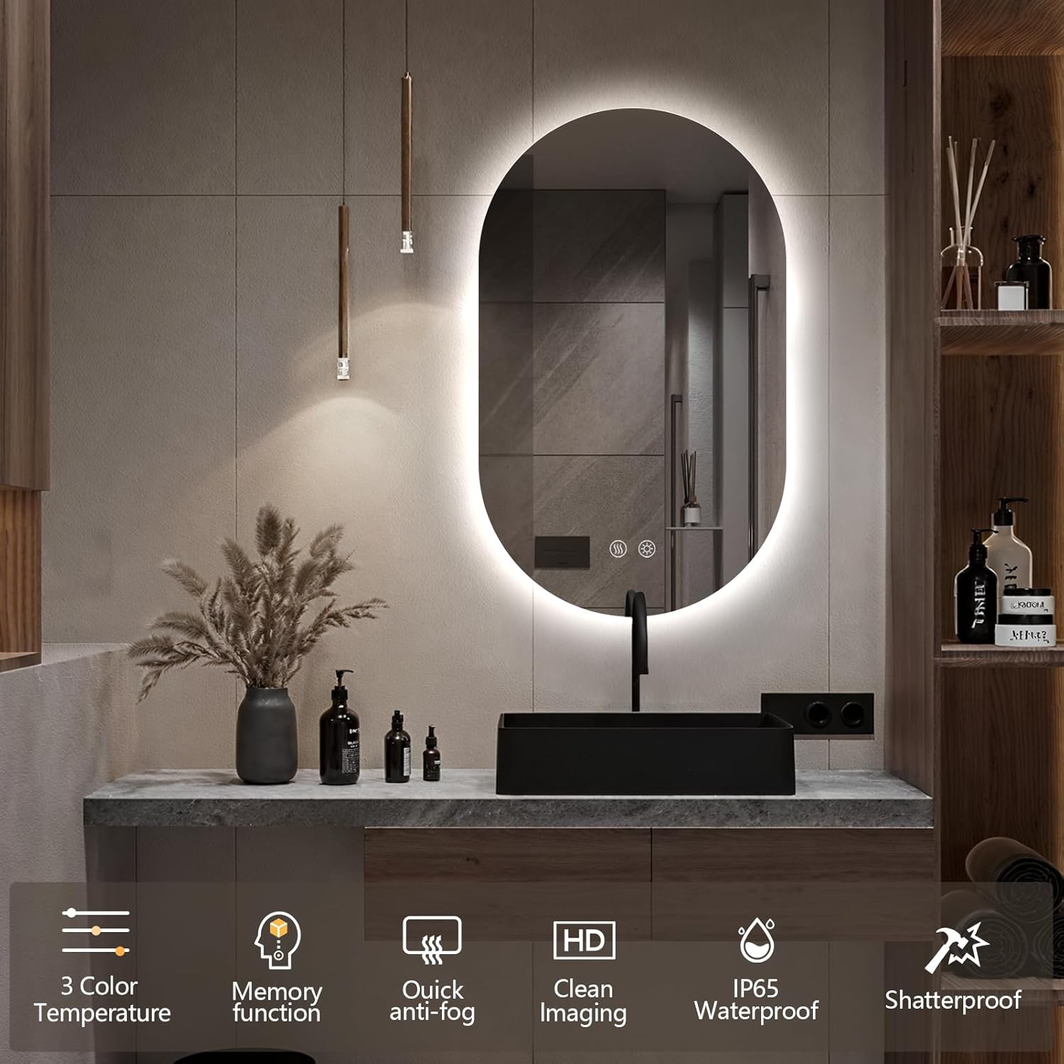 32" x 20" Oval LED Mirror for Bathroom, Backlit Vanity Mirror with Lights, Frameless Smart Wall Mirror, 3 Colors Stepless Dimmable, Anti-Fog, Shatterproof, Memory, CRI95+(Horizontal/Vertical)