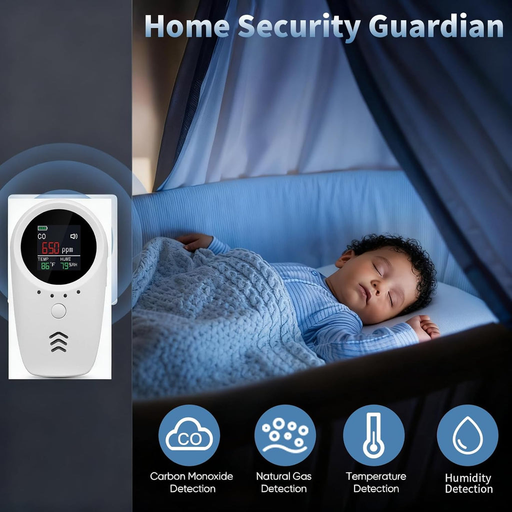 5-in-1 Plug-in & Battery Backup Carbon Monoxide Detectors，Portable Travel Carbon Monoxide Detector, Natural Gas Leak Detector with Temp. Humid. for Home, RV, Camping (Shipping Without Batteries)