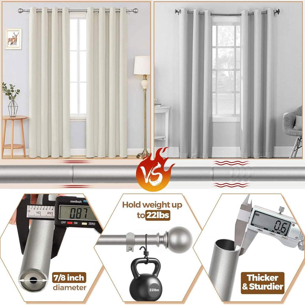 KAMANINA Long Curtain Rods for Windows 66 to 120 Inches (5.5-10ft), Silver Heavy Duty Curtain Rod, 7/8 Inch Decorative Drapery Rod with Round Finials