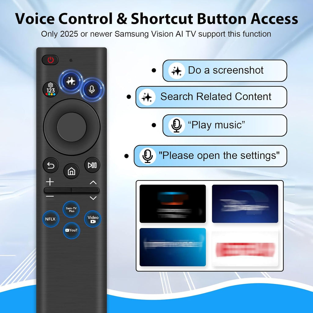 AI Solar Voice Remote Compatible with Samsung Smart TVs 2018–2025, Bluetooth Rechargeable Remote with Solar Charging, USB-C Port, Smart Assistant Control & App Shortcut Buttons
