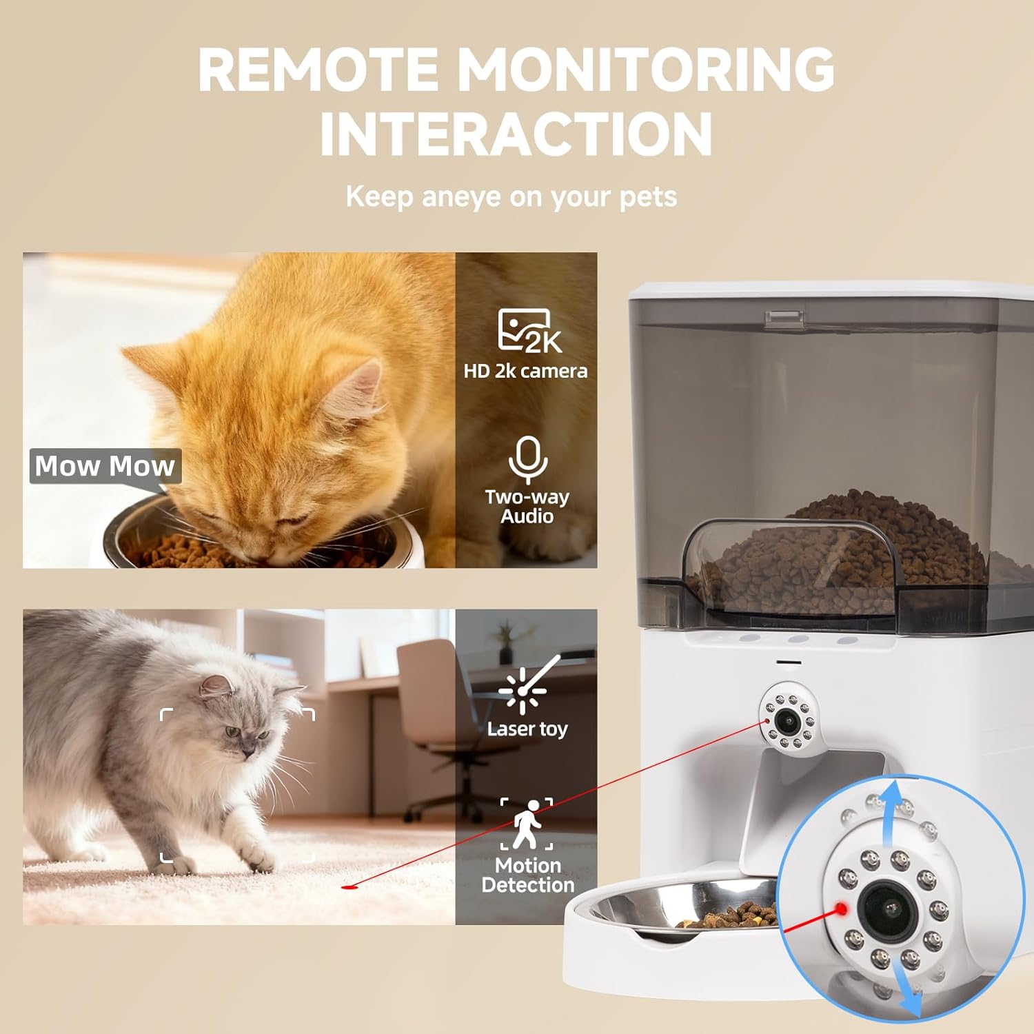 Automatic Cat Feeder with Camera, 5G/2.4G WiFi Automatic Dog Feeder, 2K HD Video and Night Vision, Remote Monitor & Feeding, Low Food Alerts,2-Way Audio, 6L Capacity, Gifts for Christmas