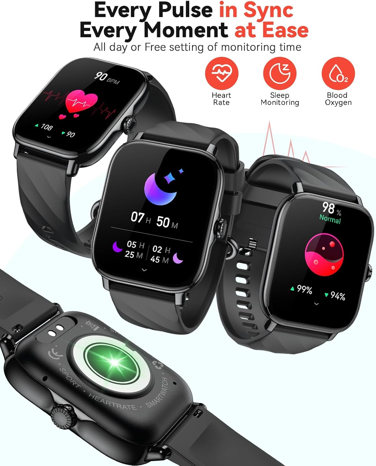Smart Watches Fitness Tracker for Men Women with Step Counter, Sleep / Calorie Monitor, Pedometer, IP68 Waterproof, 120+ Sports for iPhone Android, 1.91”HD Touchscreen Smartwatch (Casual, Black, 1.91)