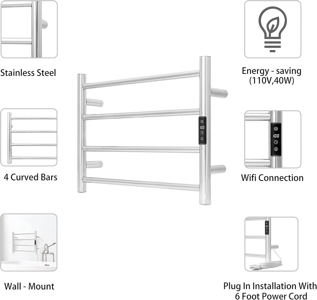 KEG Smart WiFi Towel Warmer Wall Mounted with Built-in Timer and Temperature Adjust Control, 4 Bars Electric Stainless Steel Heated Towel Racks for Bathroom Brushed Nickel