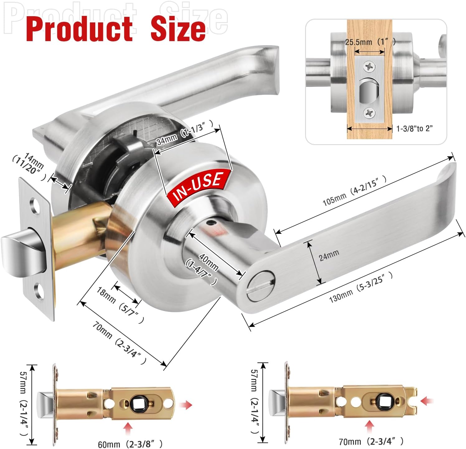 Bathroom Indicator Privacy Door Lock, Vacant Occupied Lock, Large Vacant or In-Use Door Handle, ANSI Grade 2 Commercial Grade, Satin Chrome