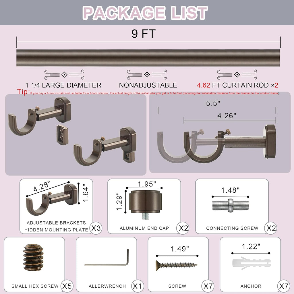 Heavy Duty Curtain Rods,1 1/4" Large Diameter Premium Nonadjustable Curtain Rod,108in/9ft Custom Window Treatment Rods with Durable Aluminum Brackets and End Caps,Dark Bronze Finish