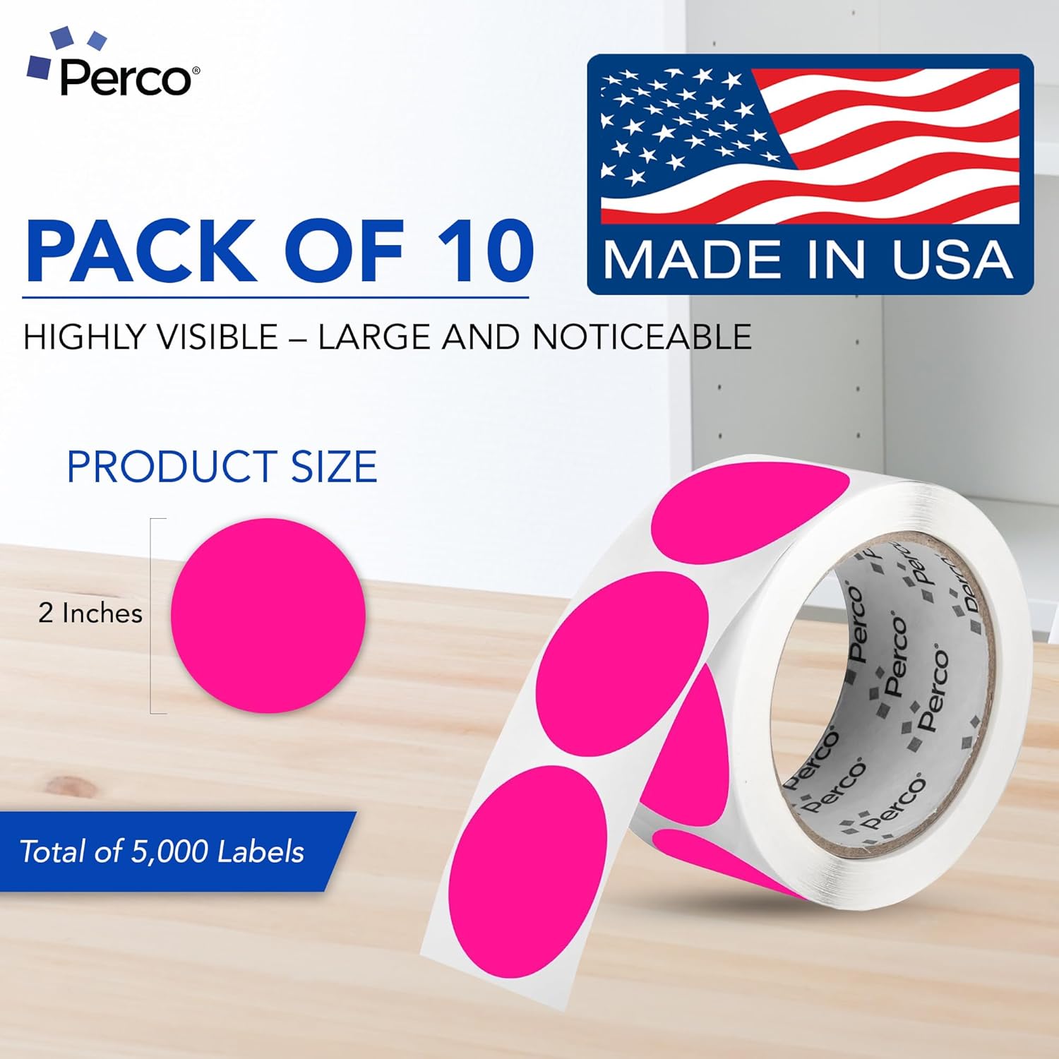 Perco Fluorescent Pink 2-Inch Perforated Circle Dot Sticker Labels — 10 Rolls, 5,000 Round Stickers — with Permanent Adhesive for Organizing, Color Coding, Bin Labeling, Packaging Alerts—Made in USA