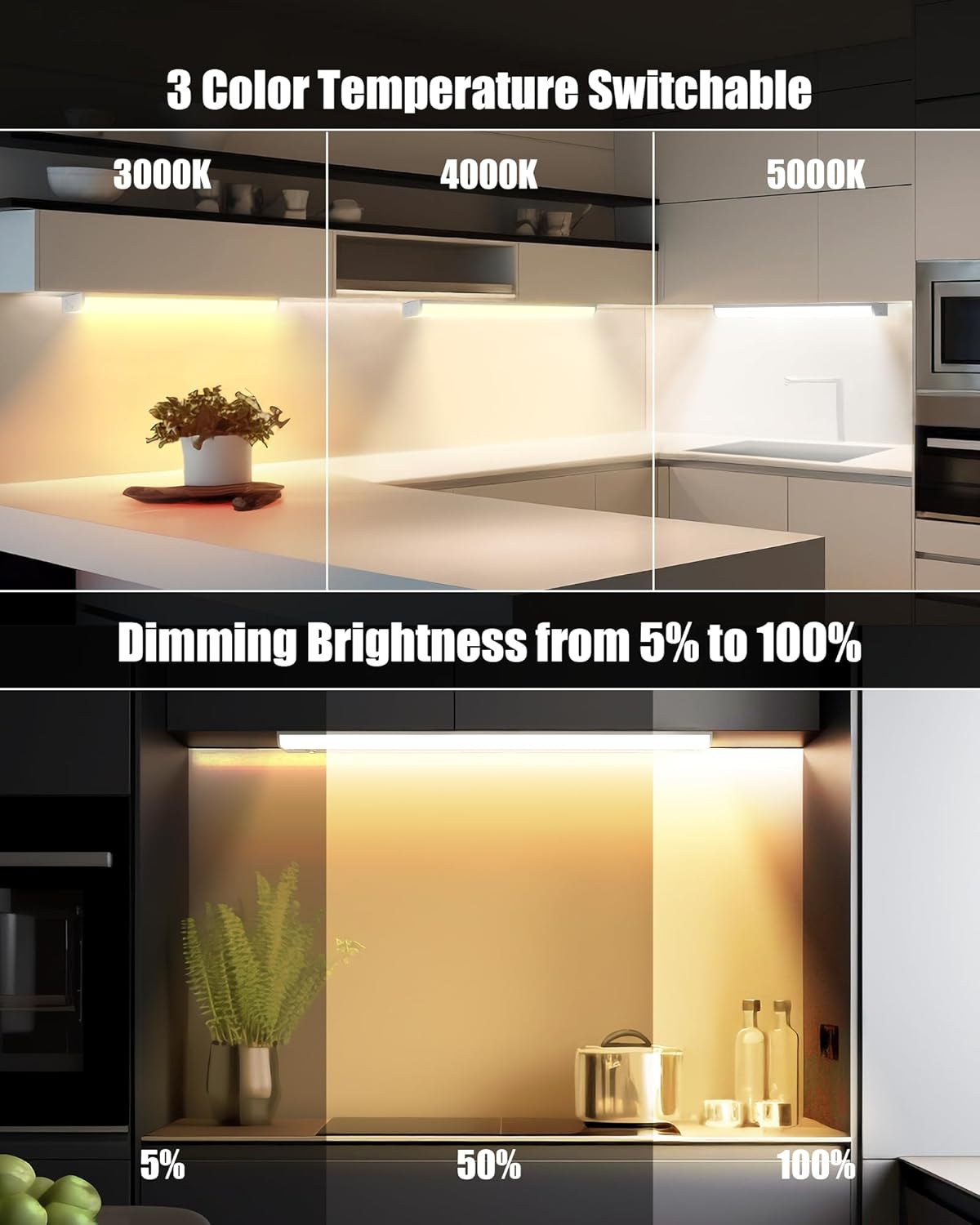 Hardwired Under Cabinet Lighting 24 Inch, 3 Color Settings - Soft White(3000K), Bright White(4000K), Daylight White(5000K), 2 Pack Linkable Dimmable Under Counter Lights for Kitchen, CRI 97