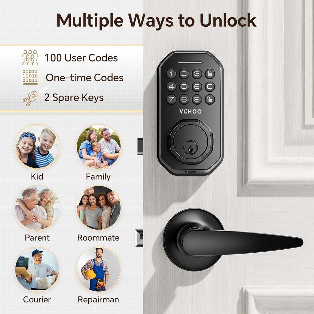 Keyless Entry Door Lock Set Smart Locks for Front Keypad Door Lock with Handle Automatic Lock One Time Password Anti Peeping Password IP54, Black