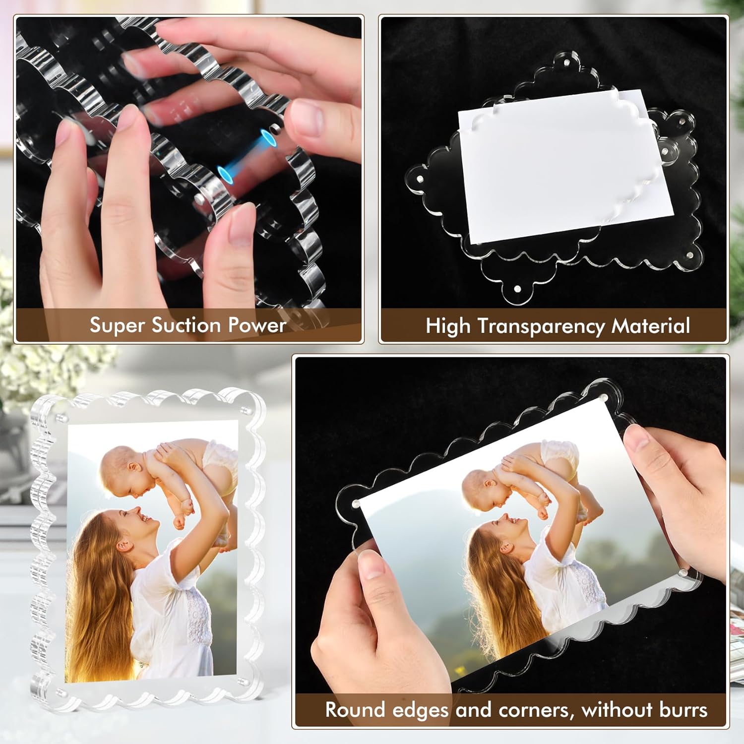 3Pack Magnetic Acrylic Picture Frames 5×7 Inch - Scalloped Photo Frame with 10+10mm Thick Block, Double Sided Clear Frames for Desktop Display | Trendy Home Gift (Clear, 5X7)