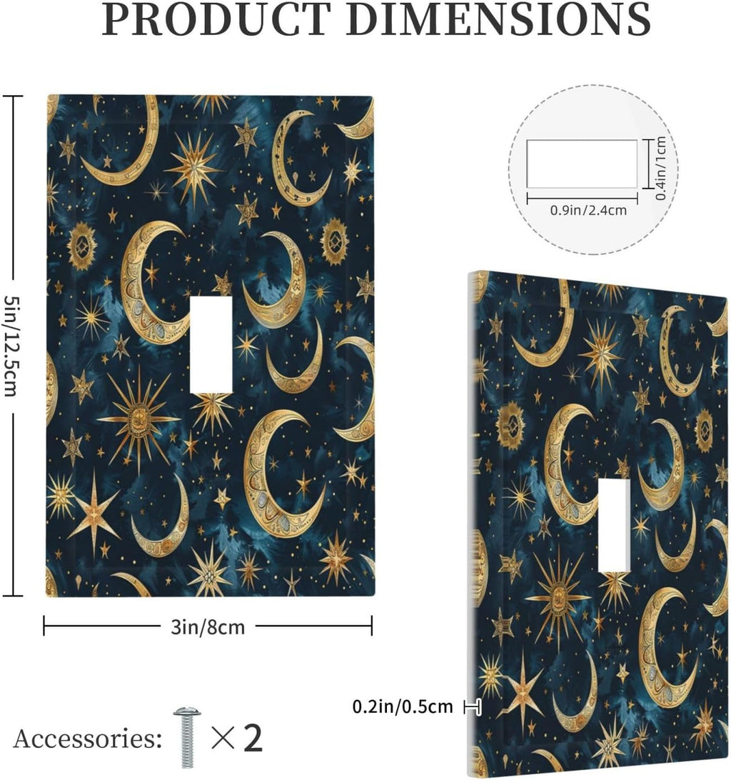 Decorative Light Switch Cover Modern Abstract Sky Blue Gold Moon Sun Star 1 Gang Single Toggle Device Electrical Faceplate Switchplates Decorator Outlet Wall Plate for Bedroom Kids room Decor