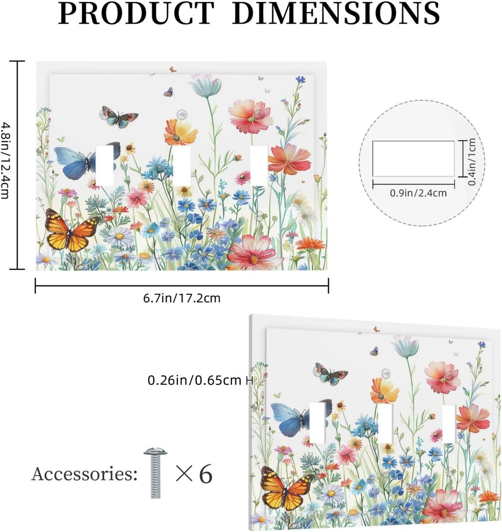 Decorative Light Switch Cover Plate Rustic Wildflower Blue Pink Floral Butterfly 3 Gang Wall Plates for Electrical Outlets Triple Toggle Switch Plate Covers Outlet Covers for Home Decor
