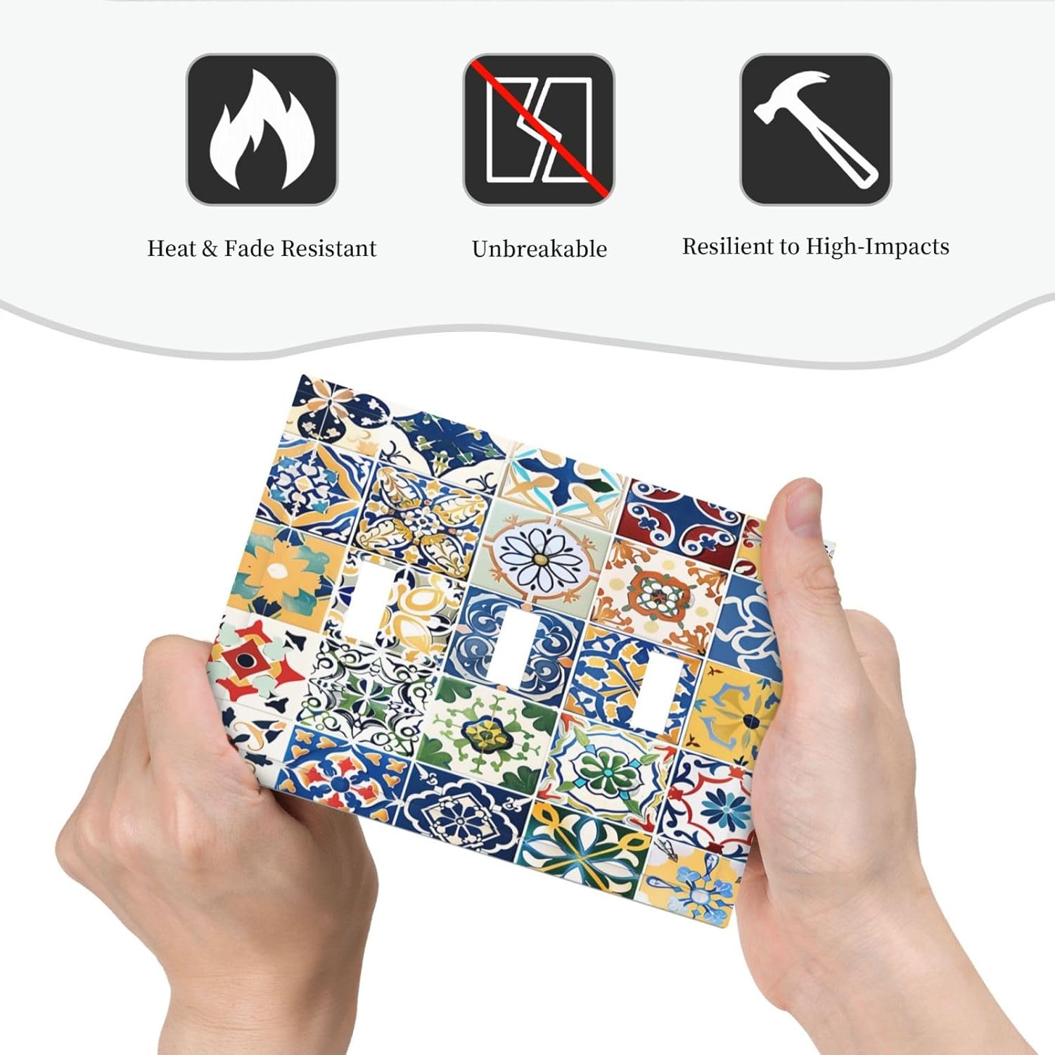 Decorative Switch Plates Moroccan Traditional Mexican Talavera Til 3 Gang Wall Plate Triple Toggle Light Switch Cover Faceplate Electrical Wall Panels for Kitchen Home Decor