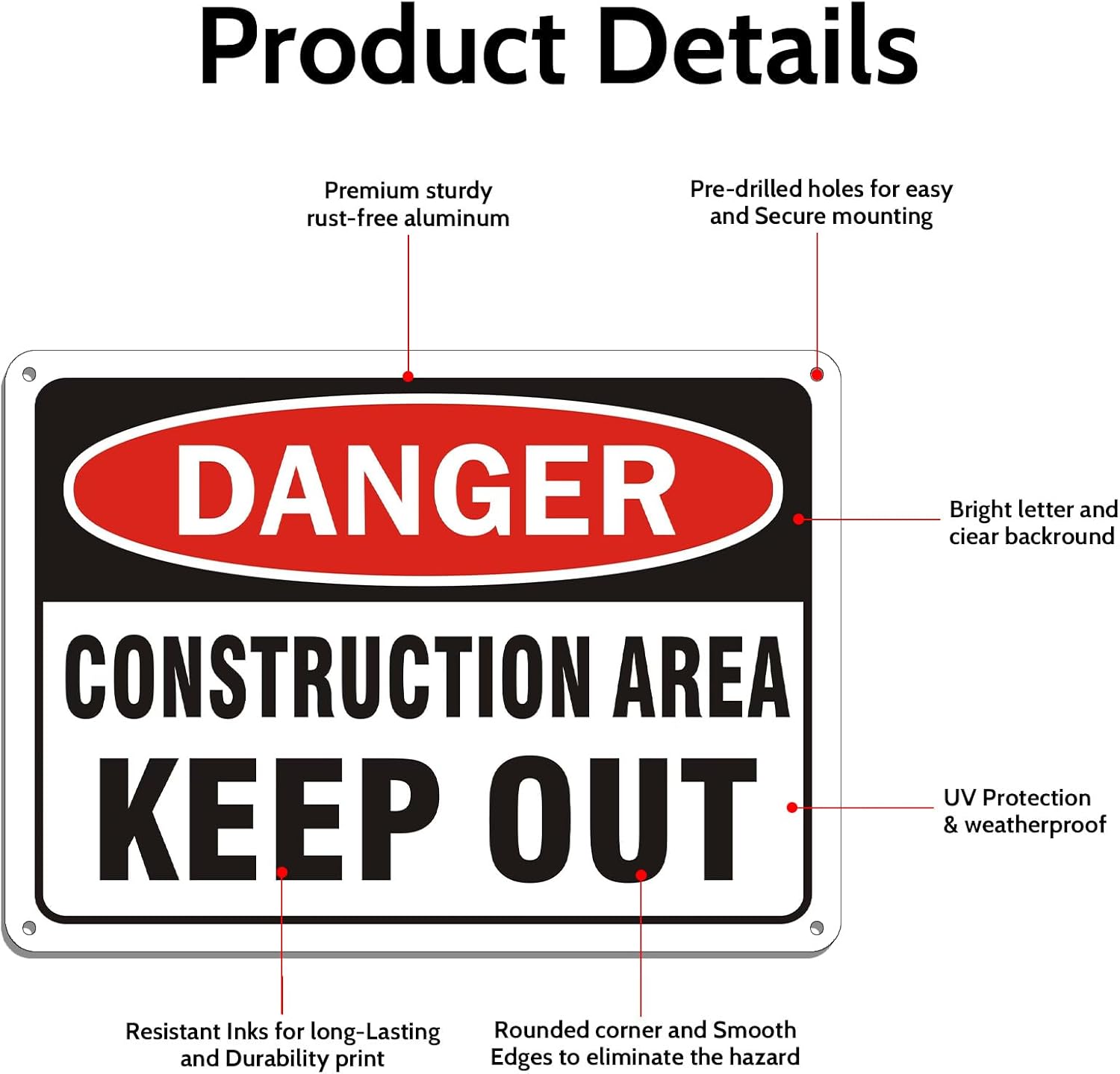 2 Pack "Danger - Construction Area, Keep Out" Sign, 10"x 7" Rust Free Reflective Aluminum Metal Sign, Fade Resistant, Waterproof, Easy to Mount ﻿