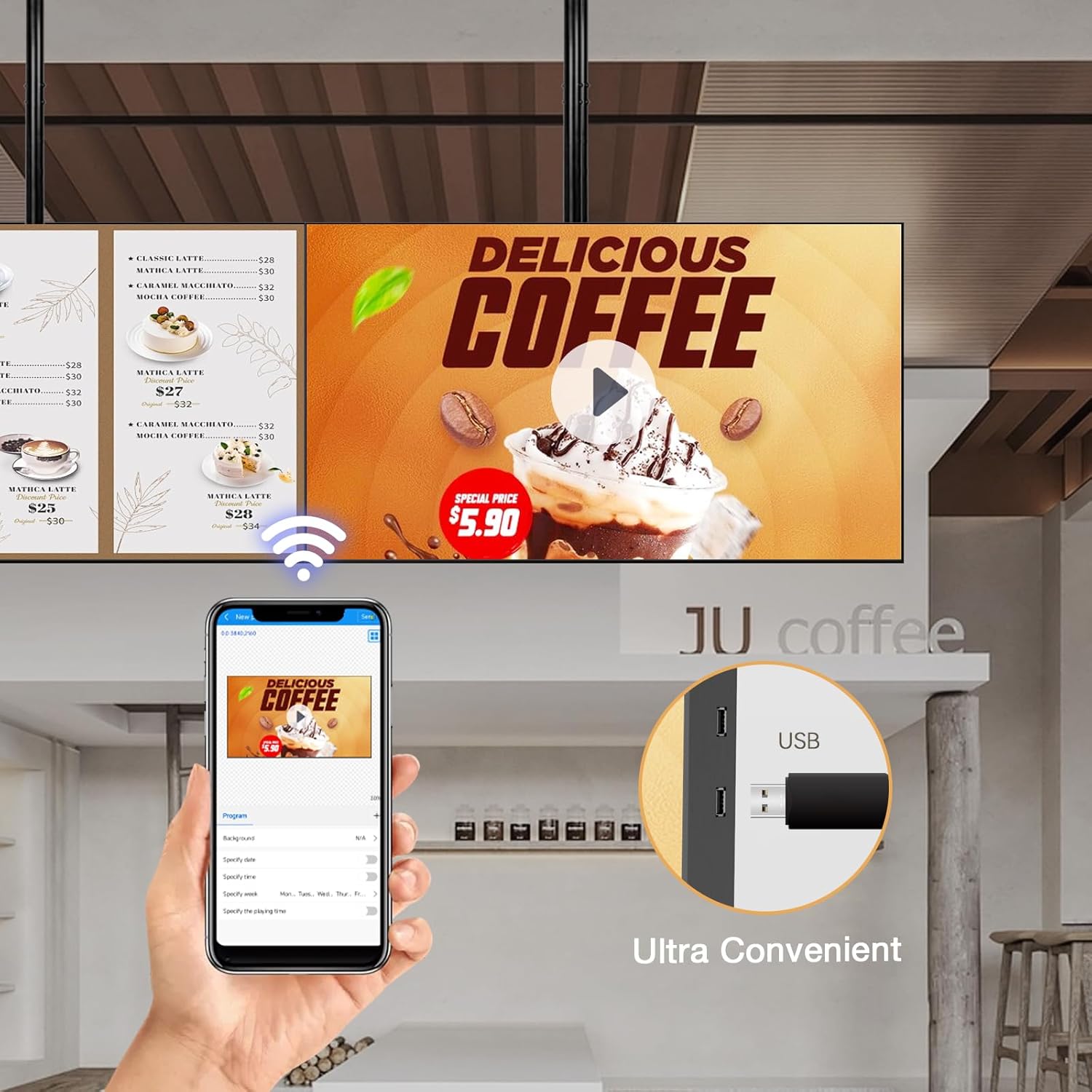 100inch Ultra-Slim Bezel-Less Digital Signage Display 4K HD 500 Nits Wall-Mountable Digital Signage Monitor 4+64G Android System HDMI Connectivity Ideal For Wayfinding Advertisingand More