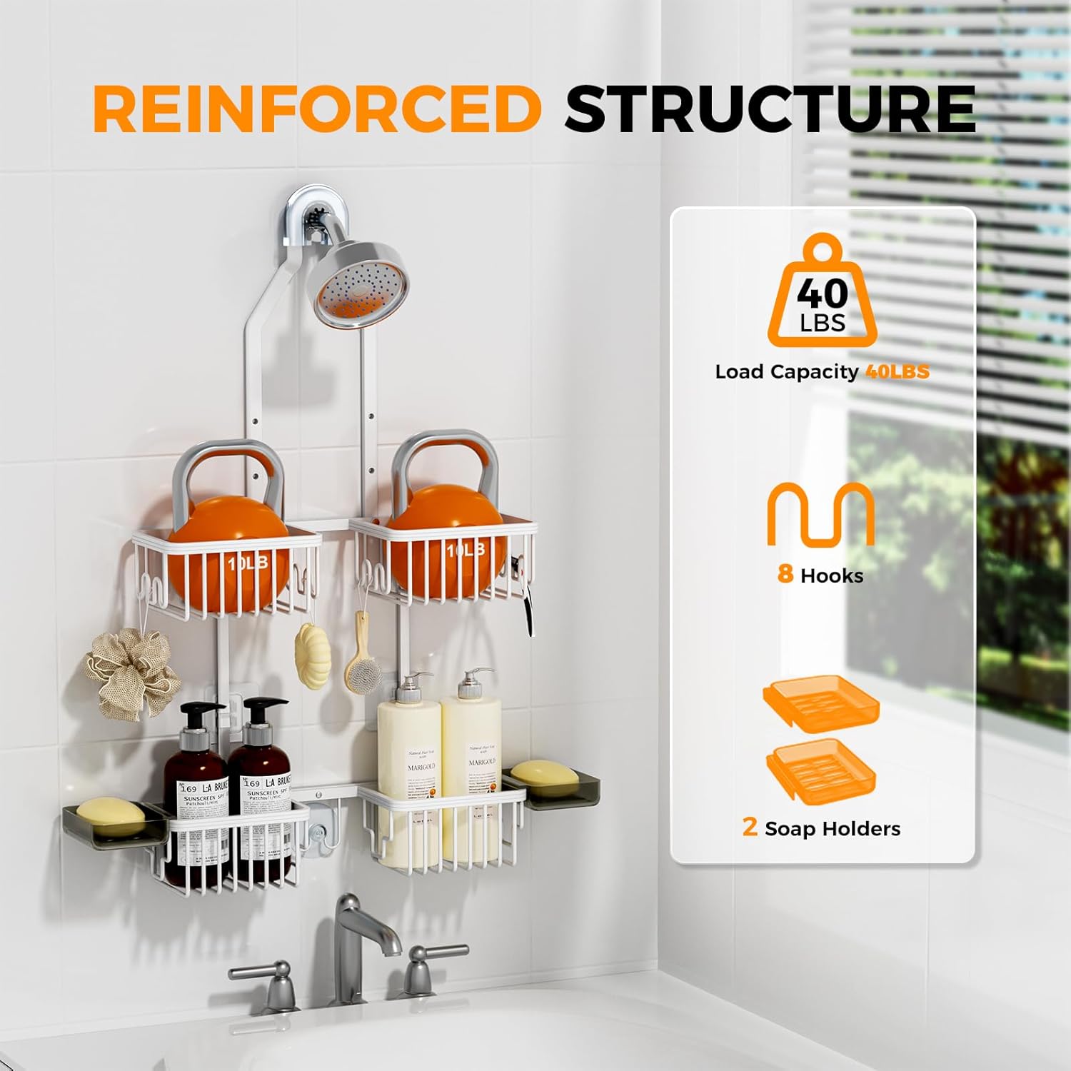 REINHARDT Aluminum Shower Caddy Hanging Adjustable Shower Caddy, Rustproof Hanging Shower Organizer with Hooks Soap Holders, Over Shower Head Caddy for Handheld Showerhead, White