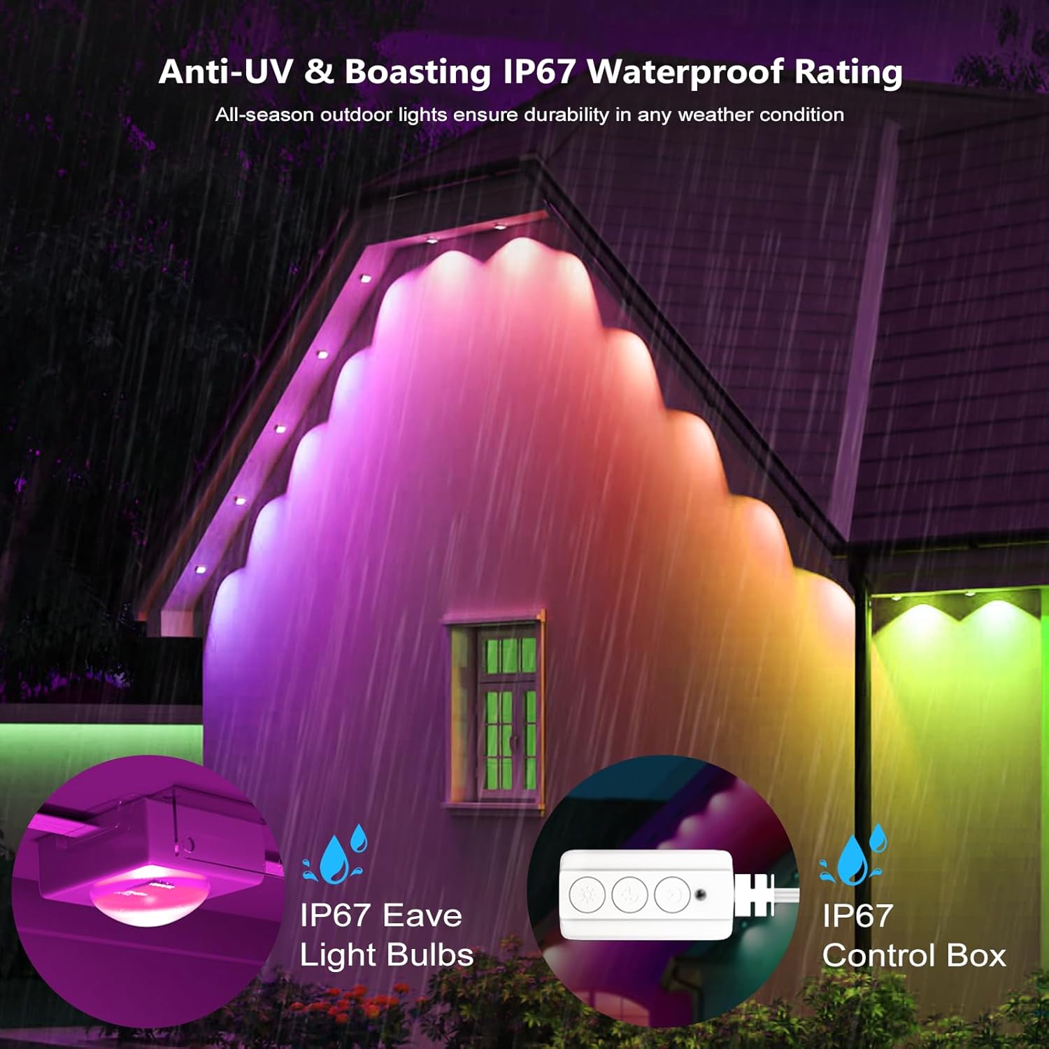 Smart Permanent Outdoor Lights, 100ft Smart Eave Lights with 72 LED Bulbs IP67 Waterproof DIY Multicolor for Daily, Festival, Party, Garden, House Decor, Work with APP/Alexa/Google Assistant