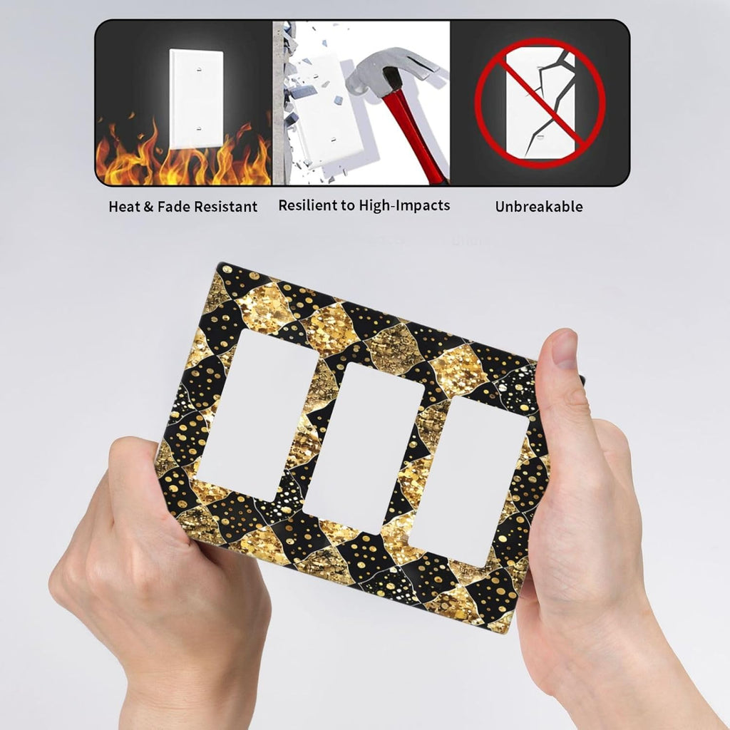 Gold Black Marble Geometric Plaid Glitter Light Switch Covers 3 Gang Rocker Decorative Triple Outlet Wall Plate Cover Electrical GFCI Switchplate for Bedroom Bathroom Decor