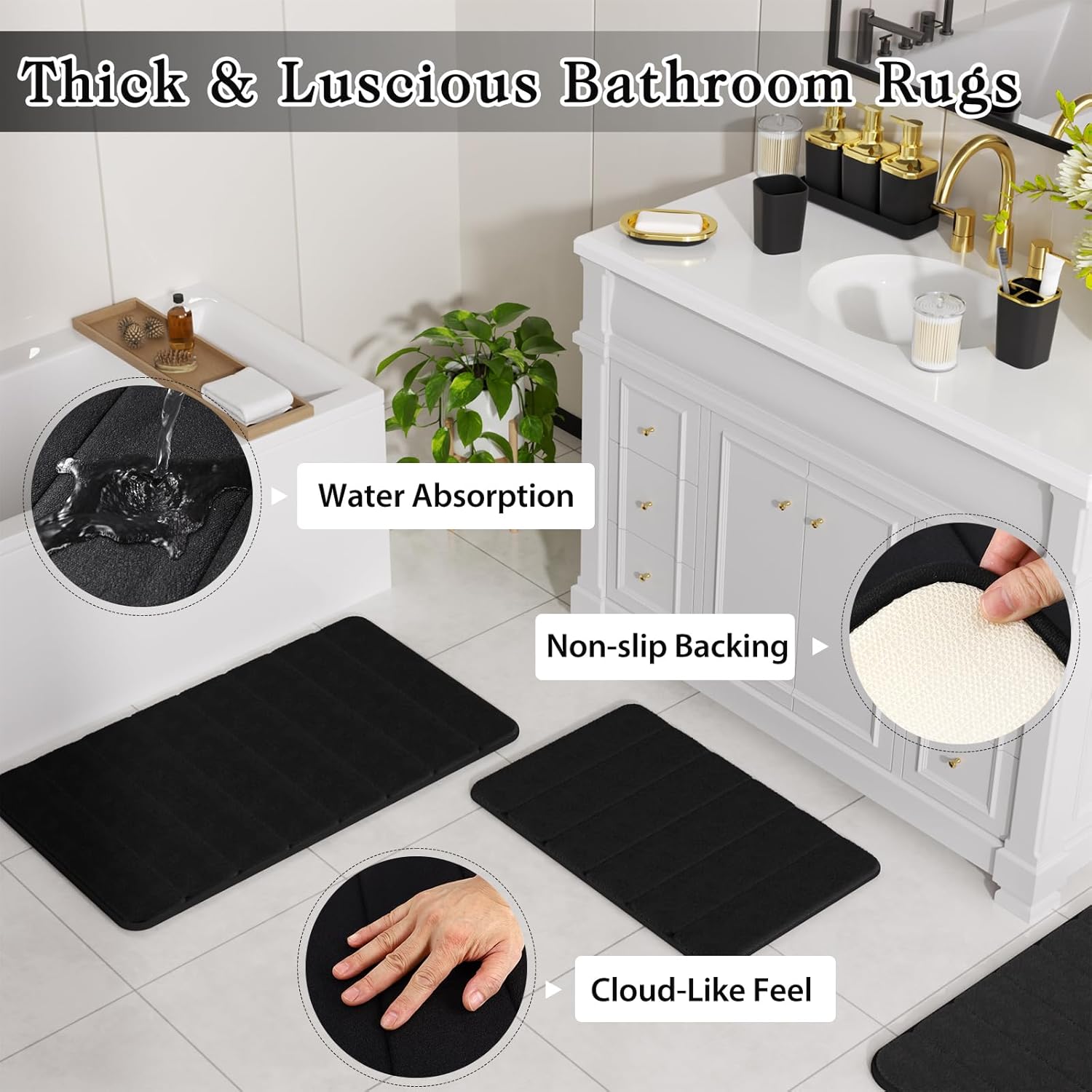 Bathroom Sets with Shower Curtain and Rugs, 27PC Bathroom Accessory Set, Black Bathroom Set, Black and Gold Bathroom Accessories Set with Trash Can, Toilet Brush and Soap Dispensers