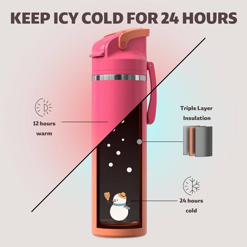 OISIZ Insulated Water Bottle 24 oz with 2 in 1 Spout and Straw Lid,One Click Safety Lock,100% Leakproof,Keep Cold 24H,Vacuum Stainless Steel Water Bottle for School,Travel and Sports,Dishwasher Safe