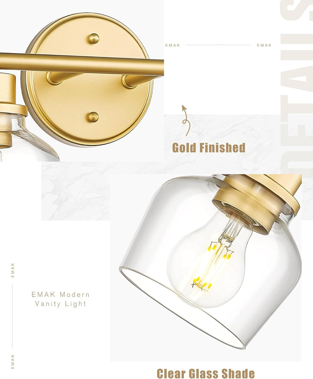 Emak Gold Bathroom Light Fixtures Over Mirror, 2-Light Bathroom Vanity Light with Clear Glass Shade, Modern Vanity Lights Wall Sconces for Bath, Makeup Desk, Mirror, VL122-GD-CG-2