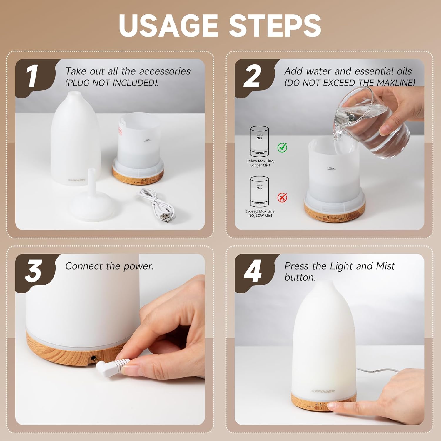 URPOWER Essential Oil Diffuser with 7 LED Color Changing Lights, Timer & Auto-Off - Ultrasonic Aromatherapy Fragrant Oil Humidifier Vaporizer Scent Diffusers for Home, Bedroom, Office, Yoga