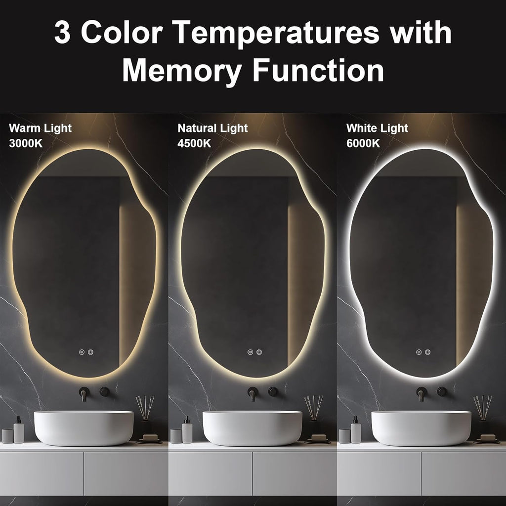 Asymmetrical LED Bathroom Mirror with Lights,Irregular Led Bathroom Vanity Mirror for Wall with Backlit, Anti Fog, 3 Colors and Dimmable Light,[Horizontal/Vertical] 48" H x 30" W