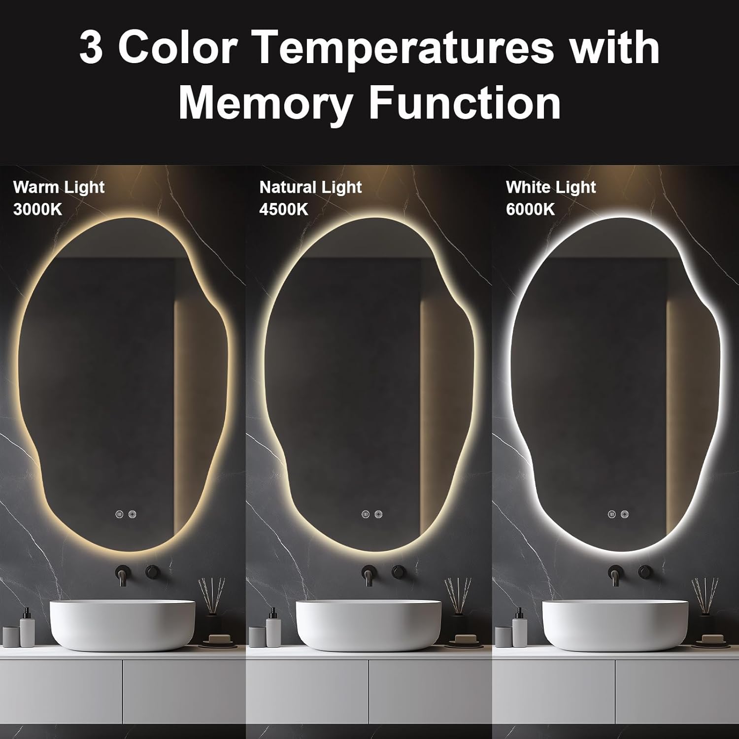 Asymmetrical LED Bathroom Mirror with Lights,Irregular Led Bathroom Vanity Mirror for Wall with Backlit, Anti Fog, 3 Colors and Dimmable Light,[Horizontal/Vertical] 48" H x 30" W
