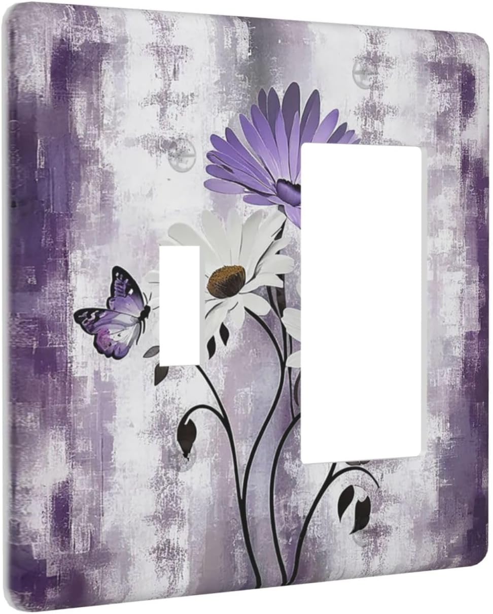 Purple Daisy White Floral Butterfly Flowers 2 Gang Combo 1 Toggle 1 Rcoker Light Switch Covers Decorative Switch Plates Electrical Switch Plates and Outlet Covers for Home Art Decor 4.5 X 4.5 IN