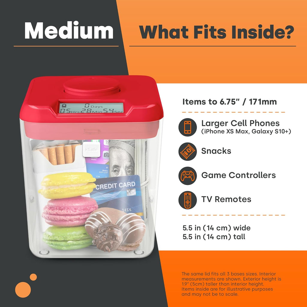 kSafe Time Locking Container Medium – Phone Lock Box, Snack Safe, Self-Control Timer Box, BPA-Free Plastic, No Overrides, 5.5” W x 5.5” H, White Lid, Clear Base