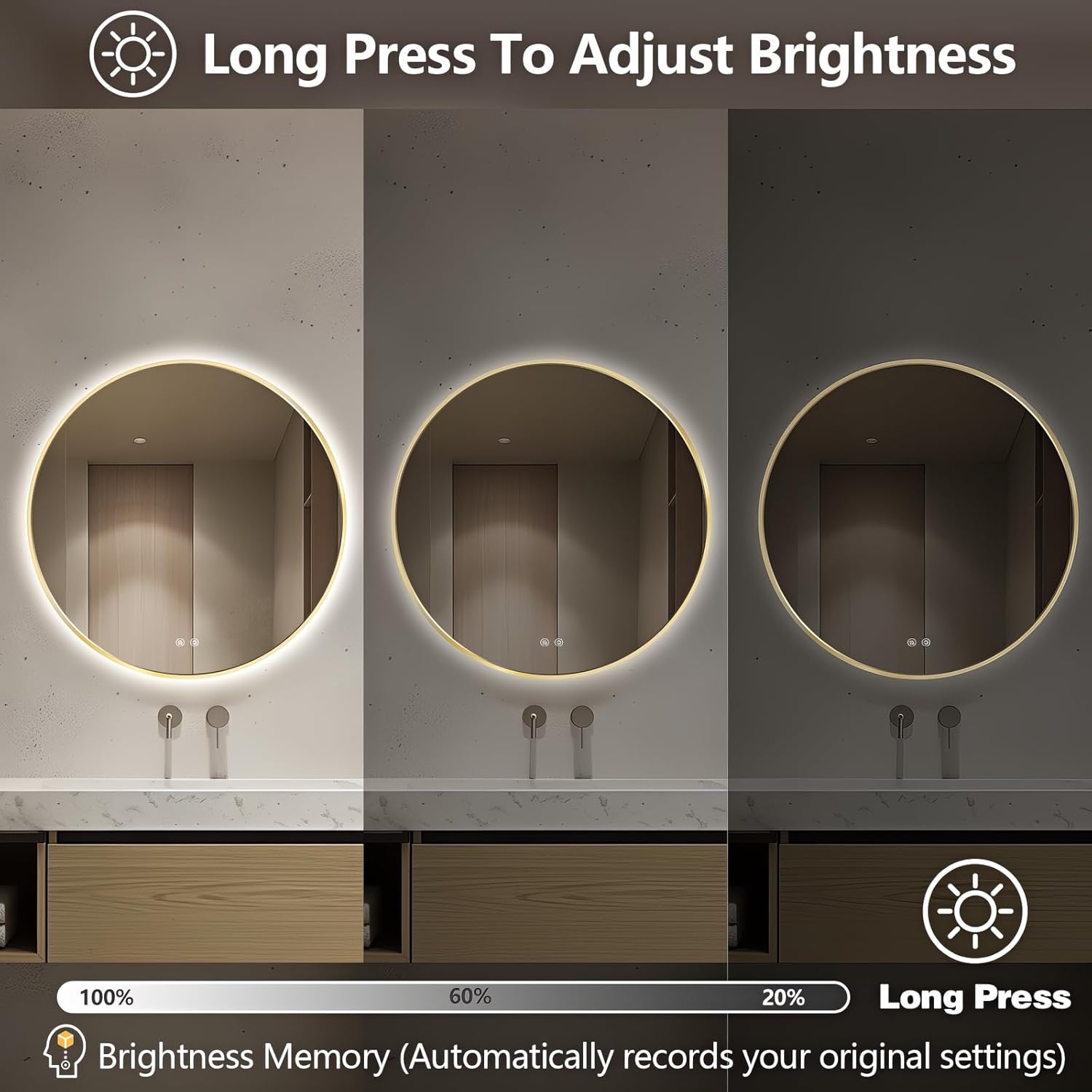 Niccy Round Led Mirror for Bathroom, 28" Backlit Mirrors for Wall Circle Lighted Mirror with Old Gold Frame Anti-Fog, 3 Colors, HD Glass and IP65 Waterproof