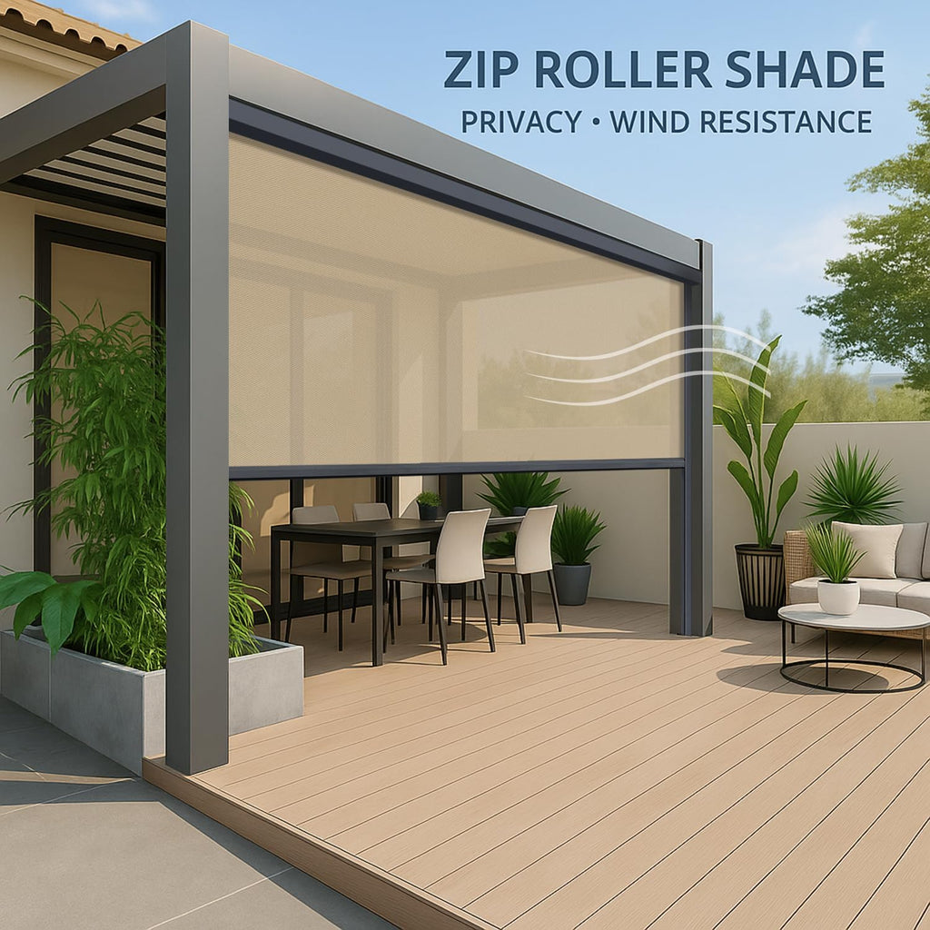 ZSHINE Hard-Wired Outdoor Snow Blocking Weatherproof Motorized Patio Roller Shades Remote Control for Porch Balcony Customized Size (Beige Yellow 10% Openness)
