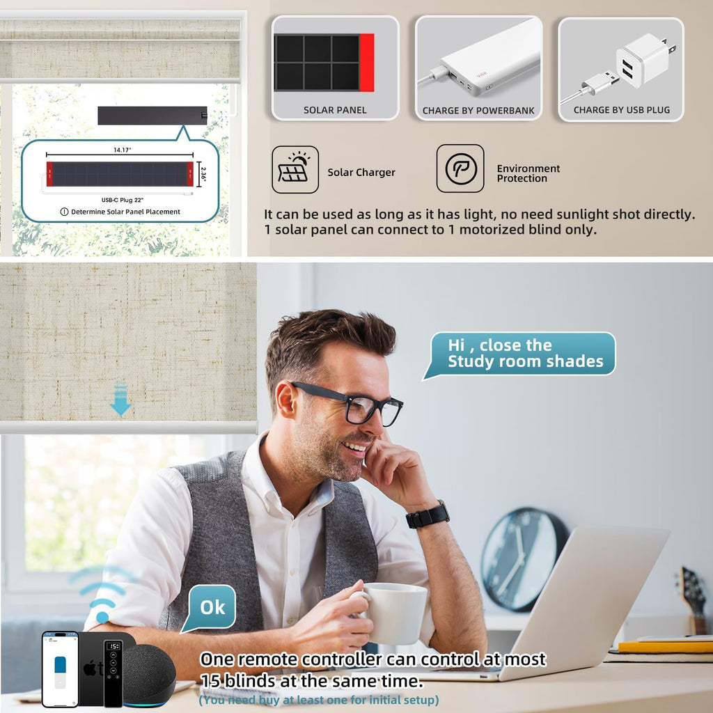 SmartWings Motorized Light Filtering Shades, 70% Blackout, Custom Size, Rechargeable Battery, Works with Matter/Apple HomeKit, Alexa, Thread/Zigbee, Remote Optional, 70% Linen Sand