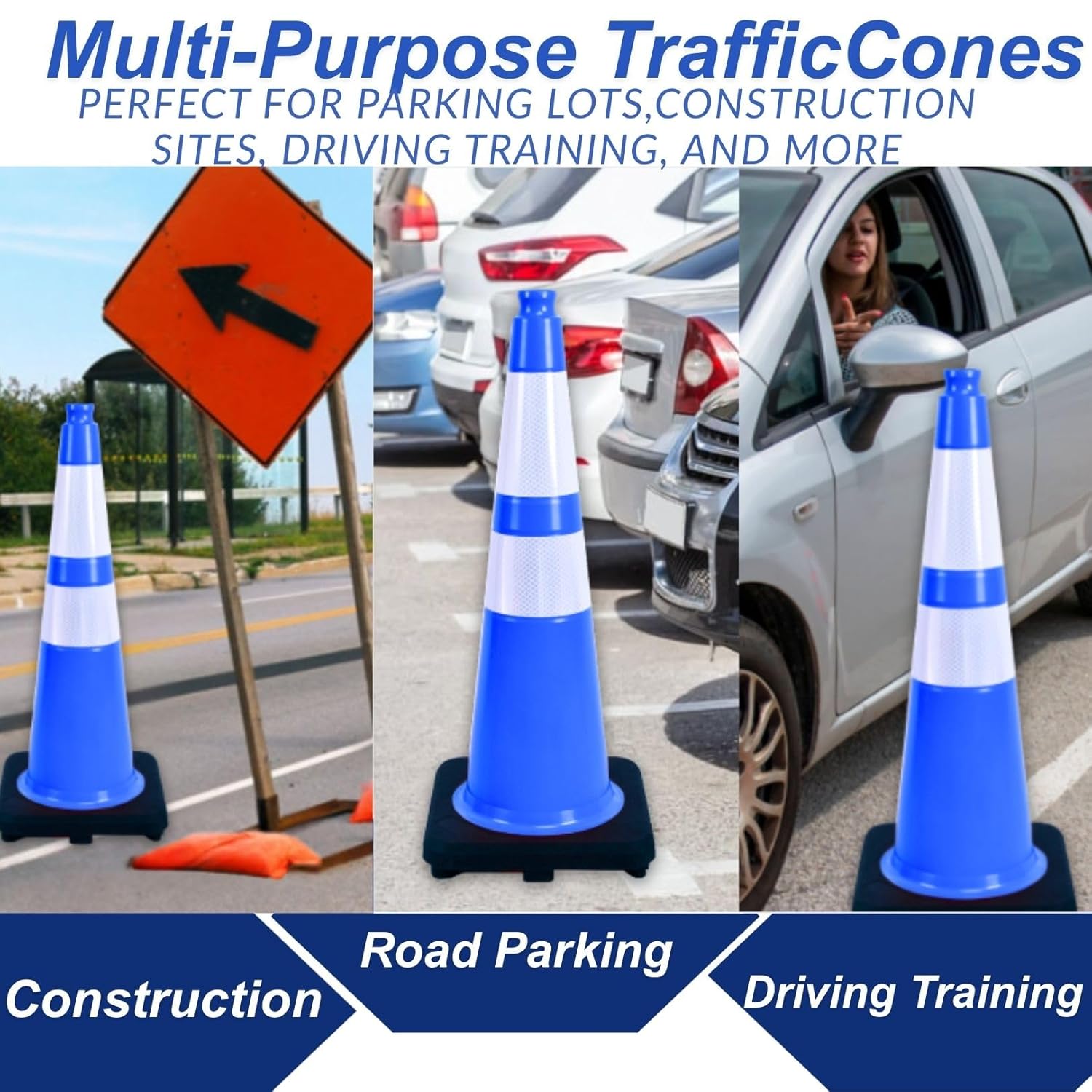 BESEA 4Pack 36” inch Traffic Cones Blue Road Parking Cones Construction Safety Cone Structurally Stable for Traffic Control(Blue Color)