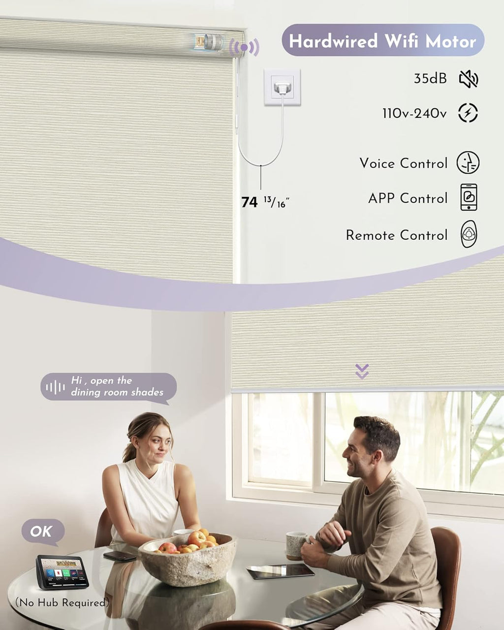 Graywind Smart Blackout Roller Shades Compatible with Alexa Google WiFi Hardwired Textured Gleaming Fabric Motorized Blinds Remote Window Shades, Custom Size (Striped Beige)