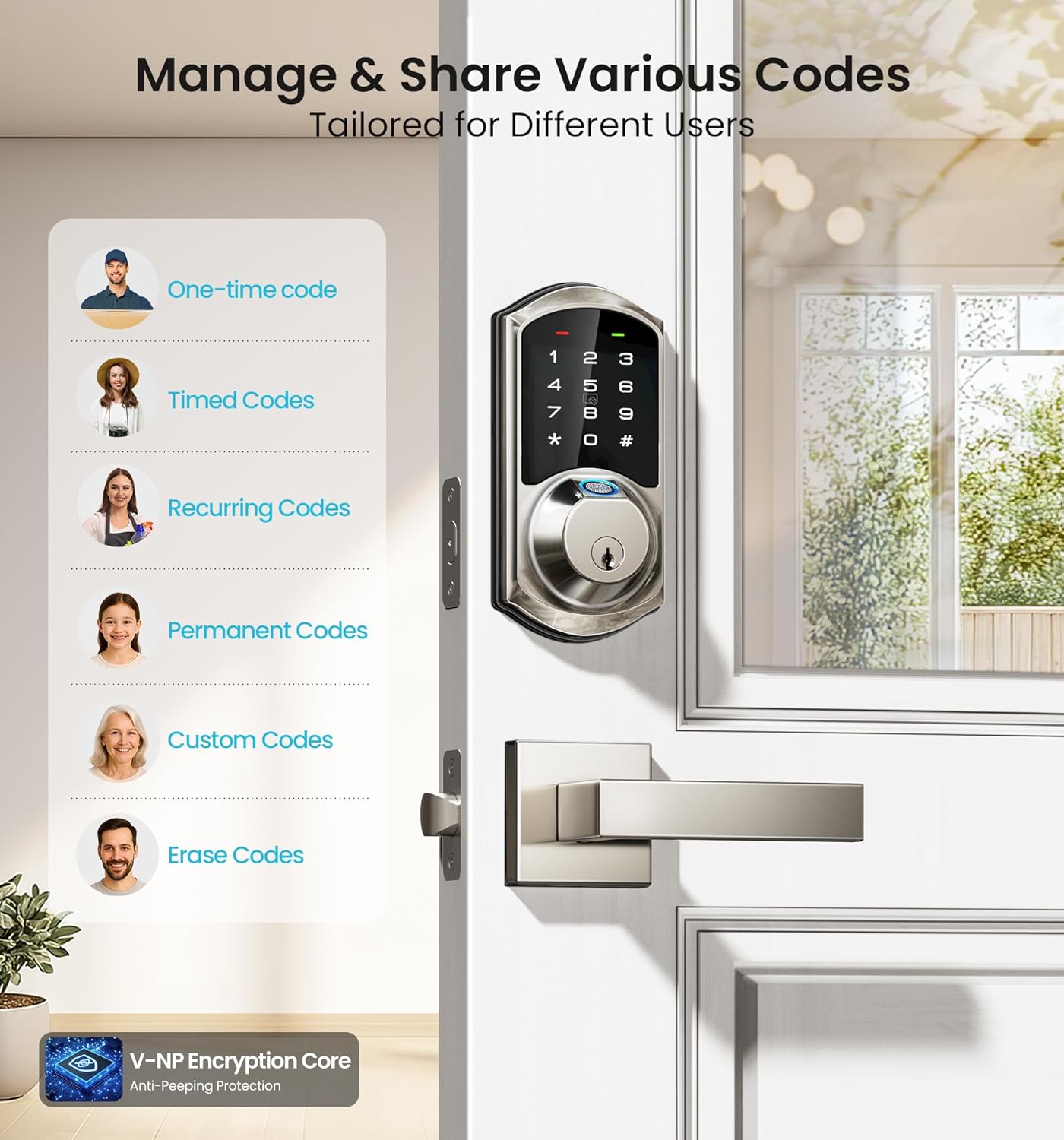 Veise VE07-L Fingerprint Smart Locks for Front Door with Zinc Alloy Handle Set, App Control, Keyless Entry, Electronic Digital Keypad Deadbolt, Auto Lock, Waterproof, Easy to Install, Satin Nickel