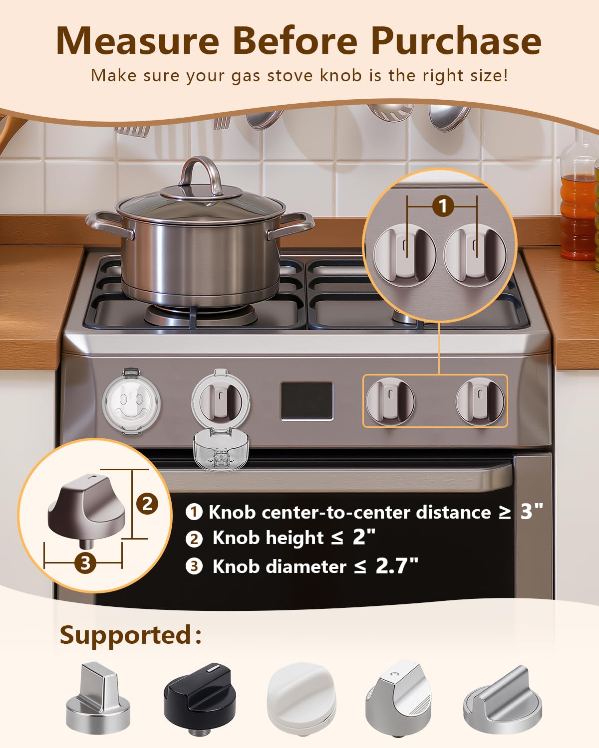 Stove Knob Covers - 5+1 Pack Heat Resistant Gas Stove Knob Covers with Child Proof Lock & Strong Adhesive, Oil-Proof Oven Knob Covers with Clear Transparent Design, White