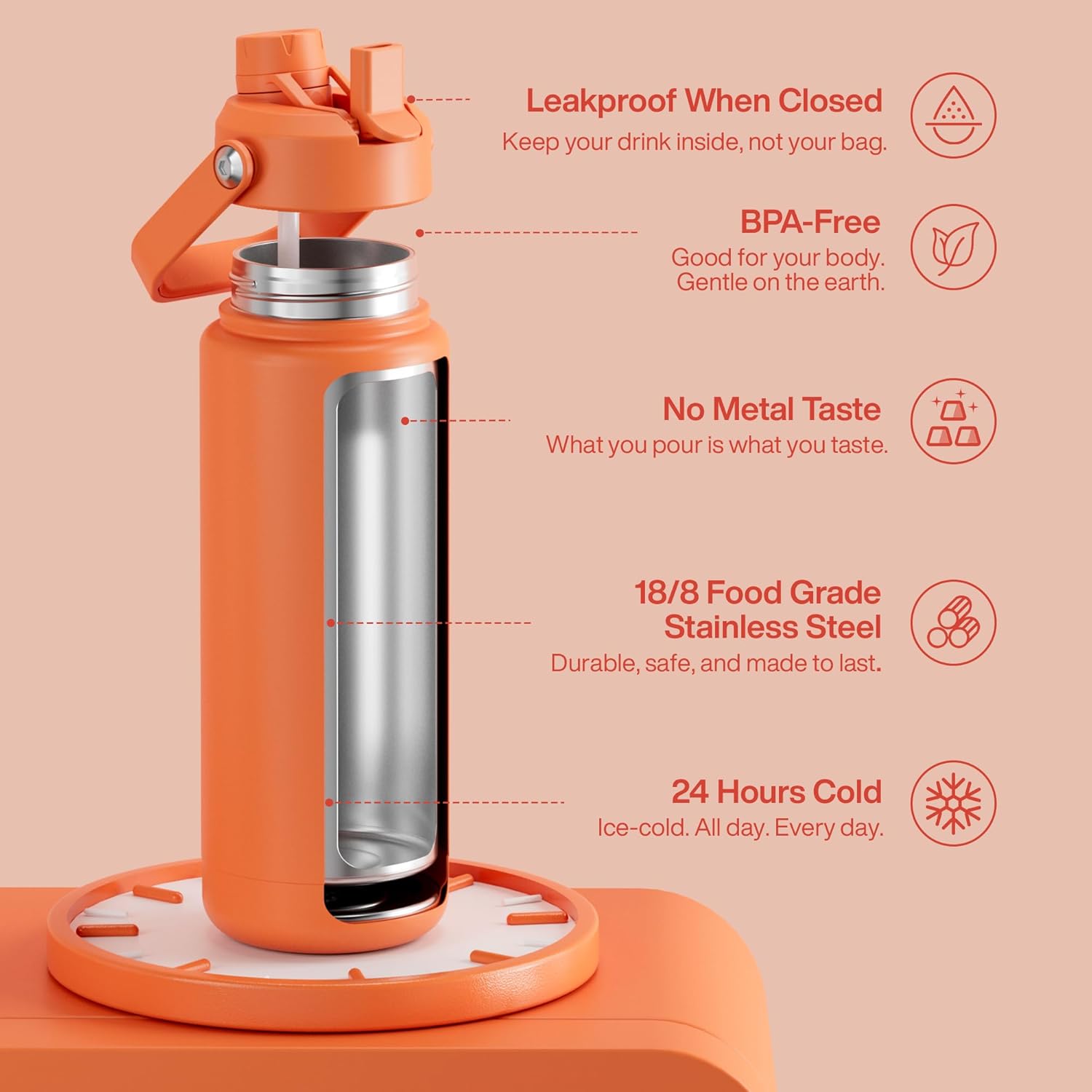 ENCOOL Insulated Water Bottle with Straw Stainless Steel Water Bottle, Leak-Proof, BPA-Free, Double Wall Vacuum Keeps Cold for 24 Hours for Sports, Travel, School (32 oz, Moderate Orange)