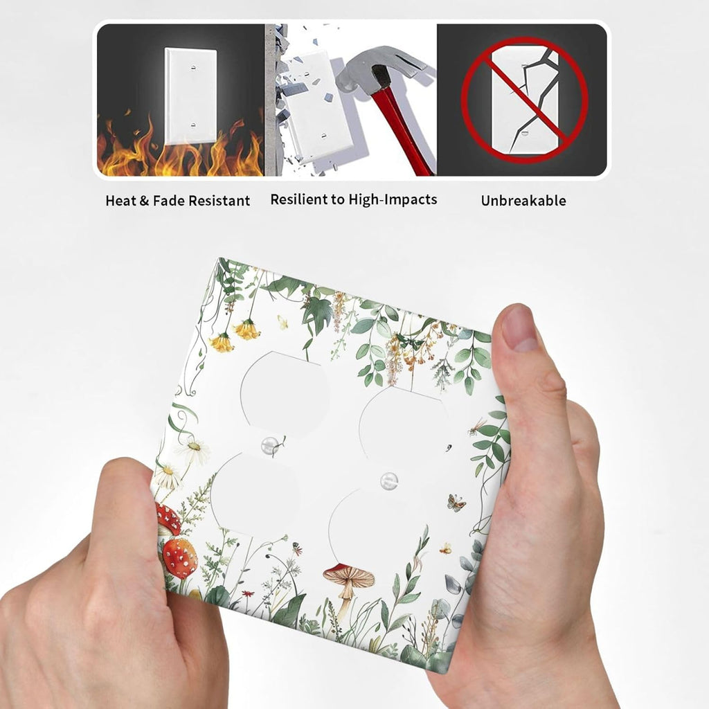 Outlet Covers Sage Plant Red Mushroom Butterfly Wild Flower 2 Gang Double Duplex Decorative Light Switch Covers Electrical Wallplates Socket Faceplate For Bed Room Kids Room Decor
