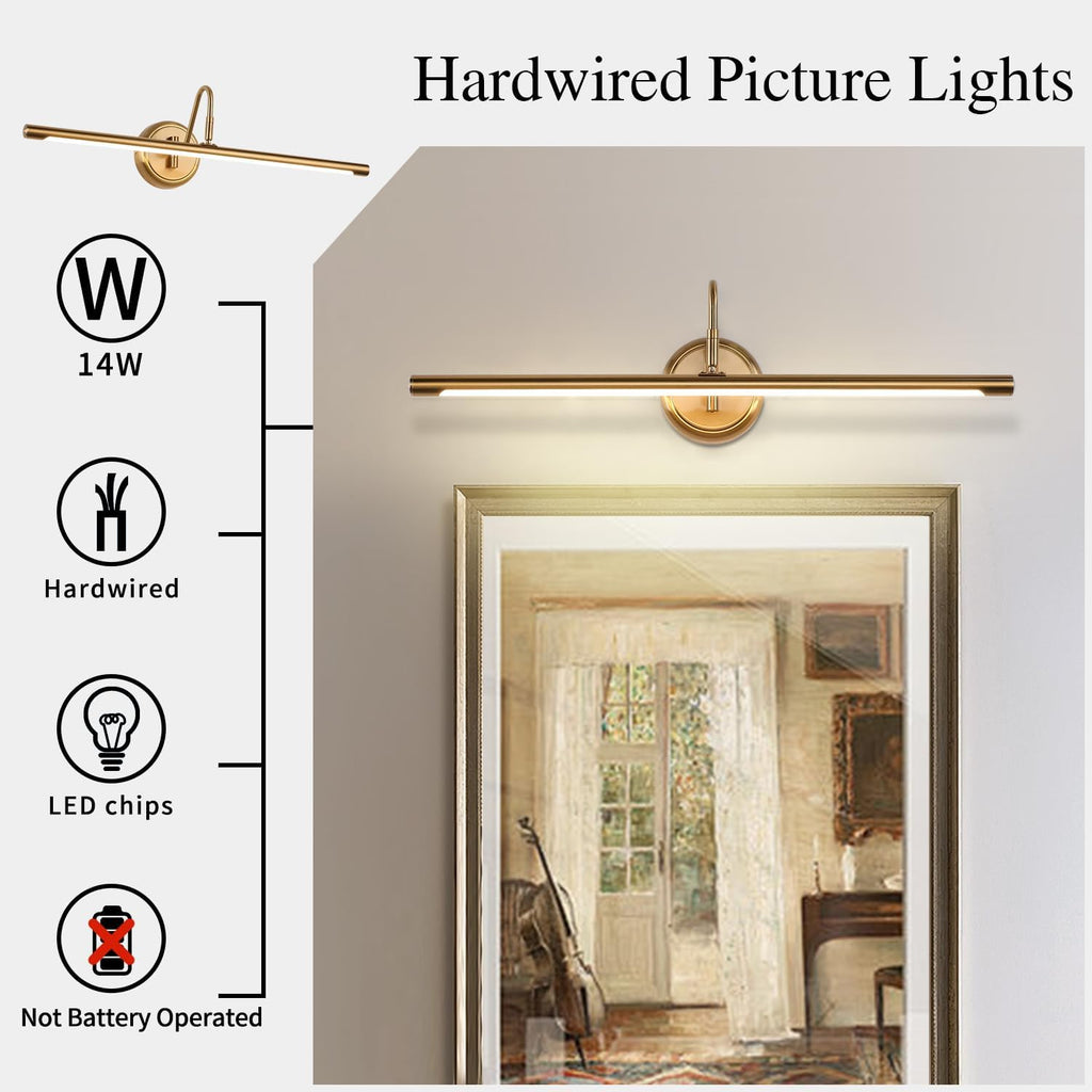 JOOSENLUX Picture Lights 24.4'' Inch Brass for Painting Display Wall Mount Brief Metal Artwork LED Wall Sconces Lamps14W(70W Eqv.),Warm White 3000K,Hardwire Swing Arm