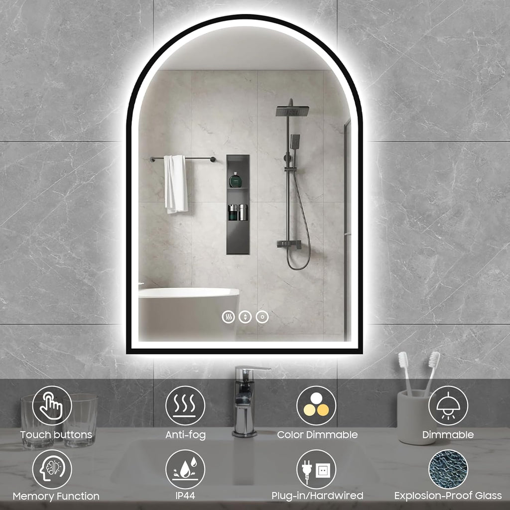20x30 Inch Arch LED Bathroom Mirror, Black Lighted Bathroom Mirrors Wall Mounted, Vanity Mirror with Anti-Fog, Memory Function, 3 Color Temperature, Dimmable Led Mirror for Bathroom