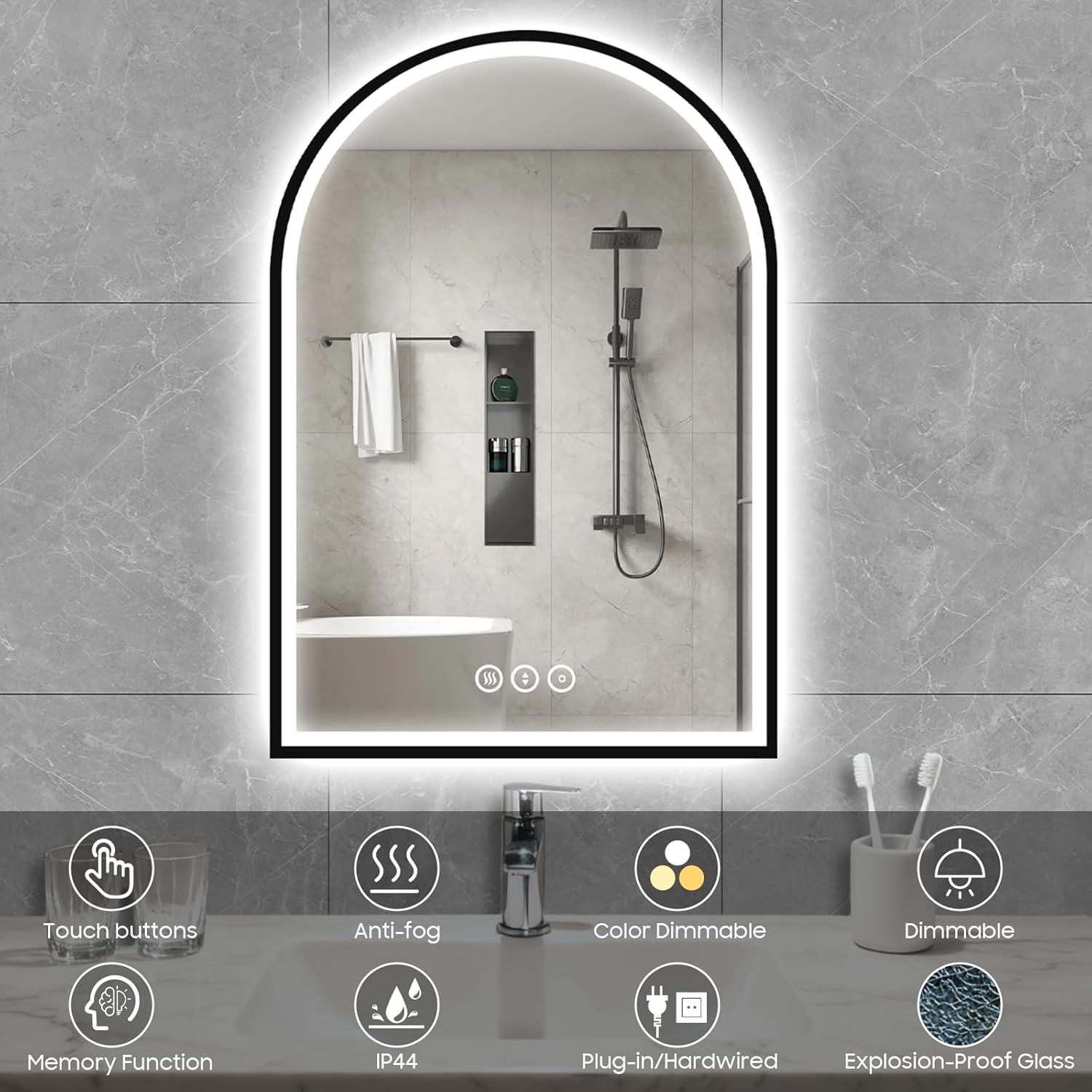 20x30 Inch Arch LED Bathroom Mirror, Black Lighted Bathroom Mirrors Wall Mounted, Vanity Mirror with Anti-Fog, Memory Function, 3 Color Temperature, Dimmable Led Mirror for Bathroom