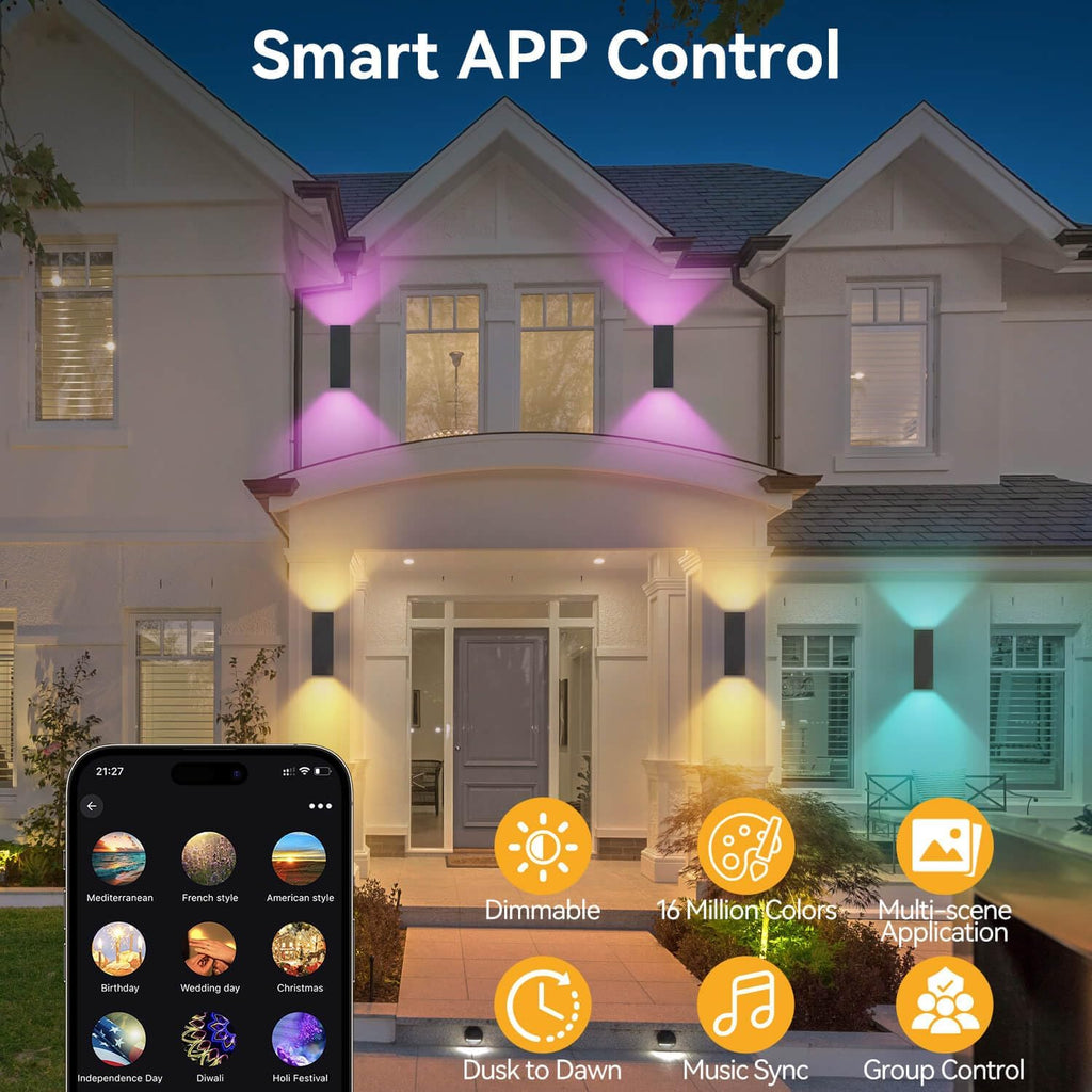 Outdoor Wall Lights 2 Pack, Aluminum Exterior Lighting Fixtures Dusk to Dawn Outdoor Lighting Color Changing Porch Lights with Matte Black Finish, Up and Down Lights Control with App and Voice