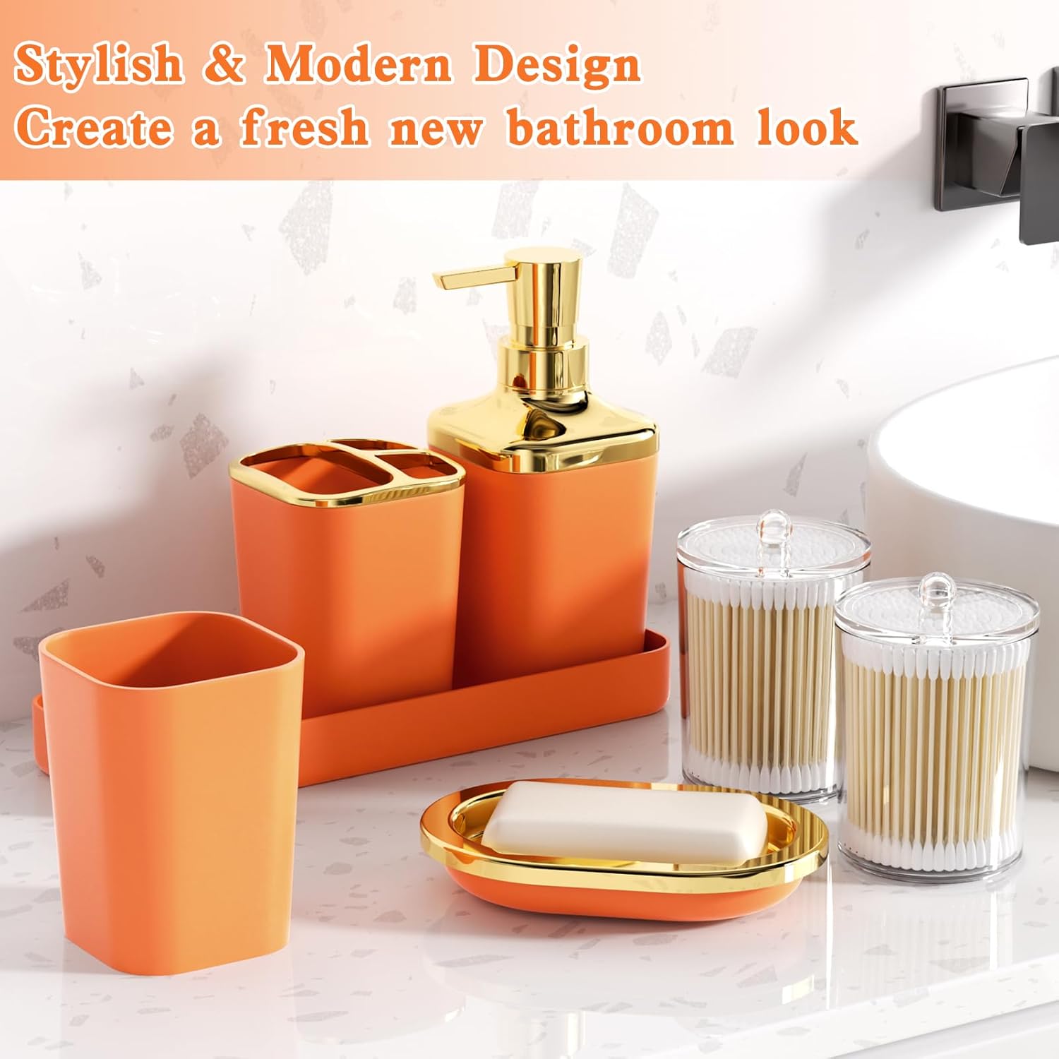 Orange Bathroom Accessories, Bathroom Sets with Stripe Shower Curtain, Orange and Gold Bathroom Accessories Set with Trash Can, Soap Dispenser, Soap Dish, Qtip Holders for Bathroom