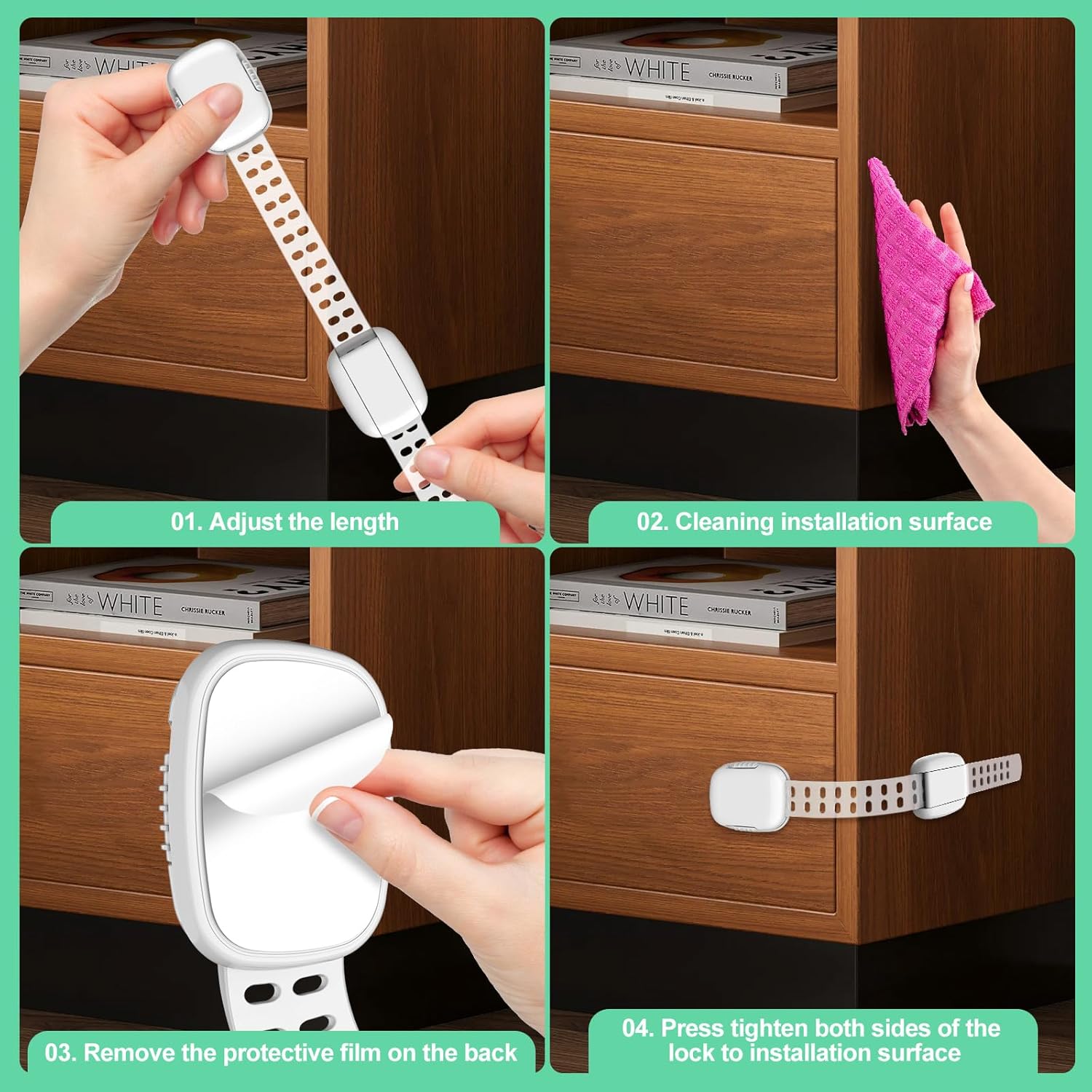 6 Pack Baby Proofing Cabinet Locks, Child Safety Locks with Adjustable Strap Latches for Cabinets and Drawers,Door,Dishwasher,Fridge,Toilet Seat,Cupboard,Trash Can,Washer (White)