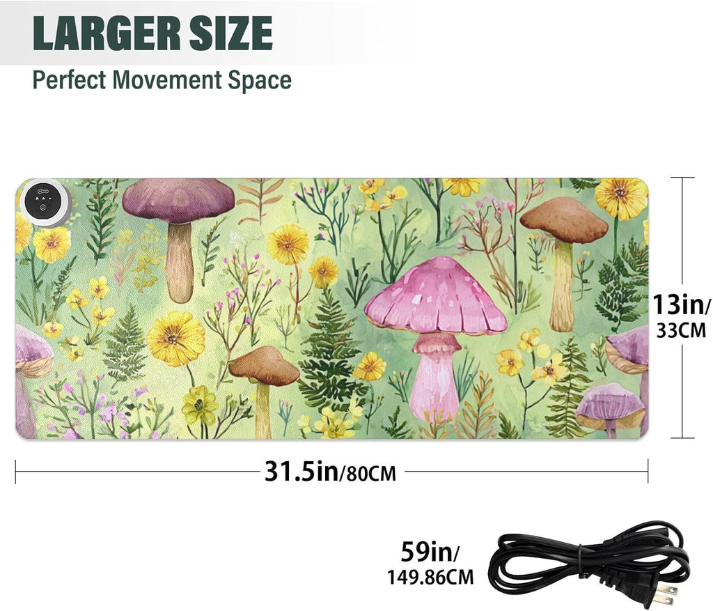 Heated Desk Pad Mouse Pad 31.5x13 Inch PU Leather Desk Mat with 3 Heat Levels Large Mouse Gaming Computer Laptop Mat Watercolor Mushrooms Green