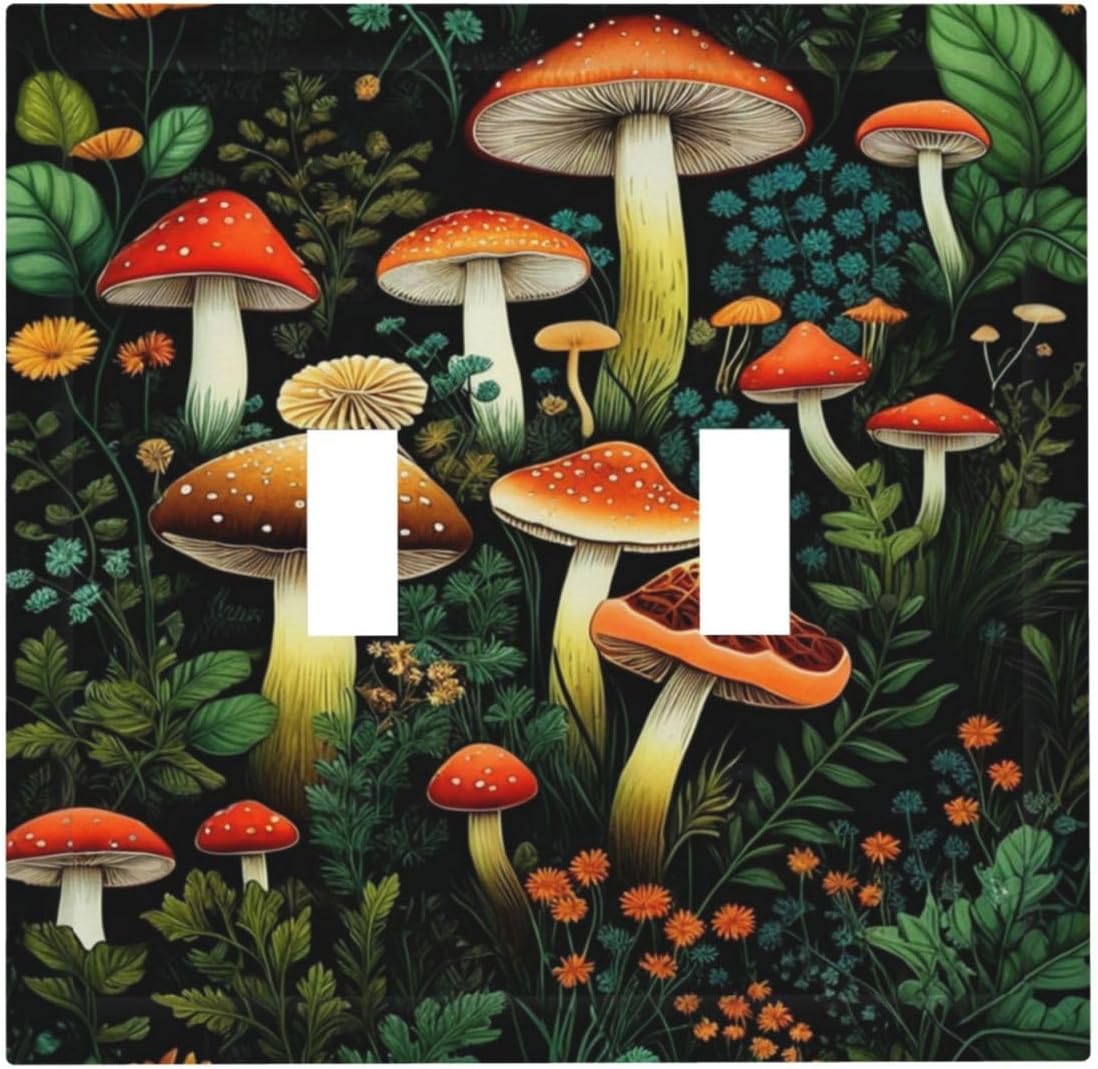 Decorative Light Switch Plate Covers Boho Red Mushroom Green Leaf Plants Floral 2 Gang Wall Plate Double Toggle Switch Cover Plate Electric Dual Device Electrical Faceplate