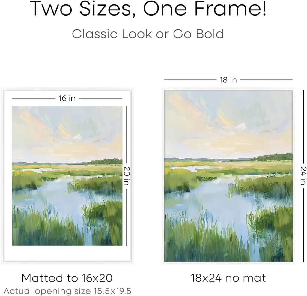 Homeforia 18x24 Poster Frame White, High End Metal 18 x 24 Picture Frames with Mat 16 by 20 inch Photo, 18x24 White Frame Matted to 16x20 Print, 24x18 Hanging Frame, Tempered Glass, Wall Kit, Set of 1