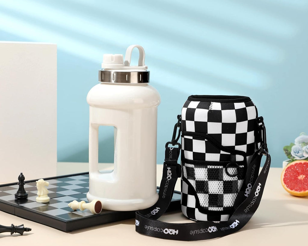 H2O Capsule 2.2L Half Gallon Wide Mouth Water Bottle with Storage Sleeve and Removable Straw - Hydration Tracker Jug with Measurements Marked – Shatterproof BPA-Free, (Check Mate)